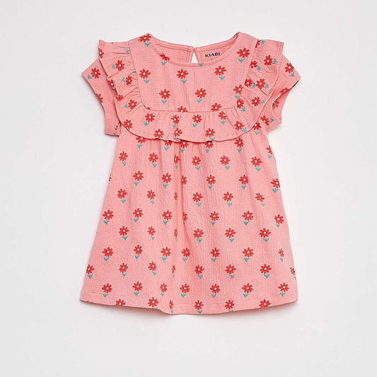 فستان مكشكش بأكمام قصيرة مكشكش باللون الوردي