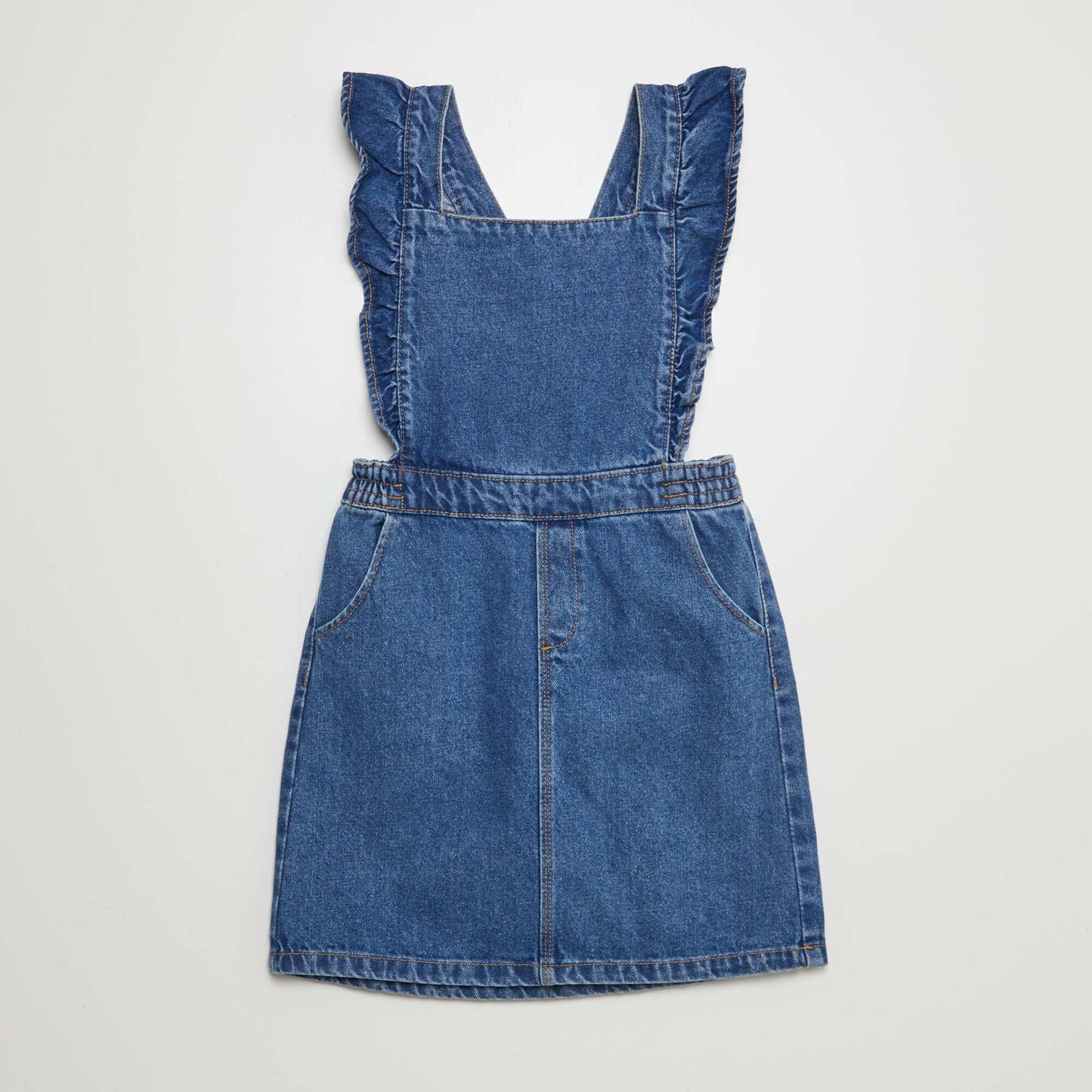 Denim dungaree dress with ruffles BLUE