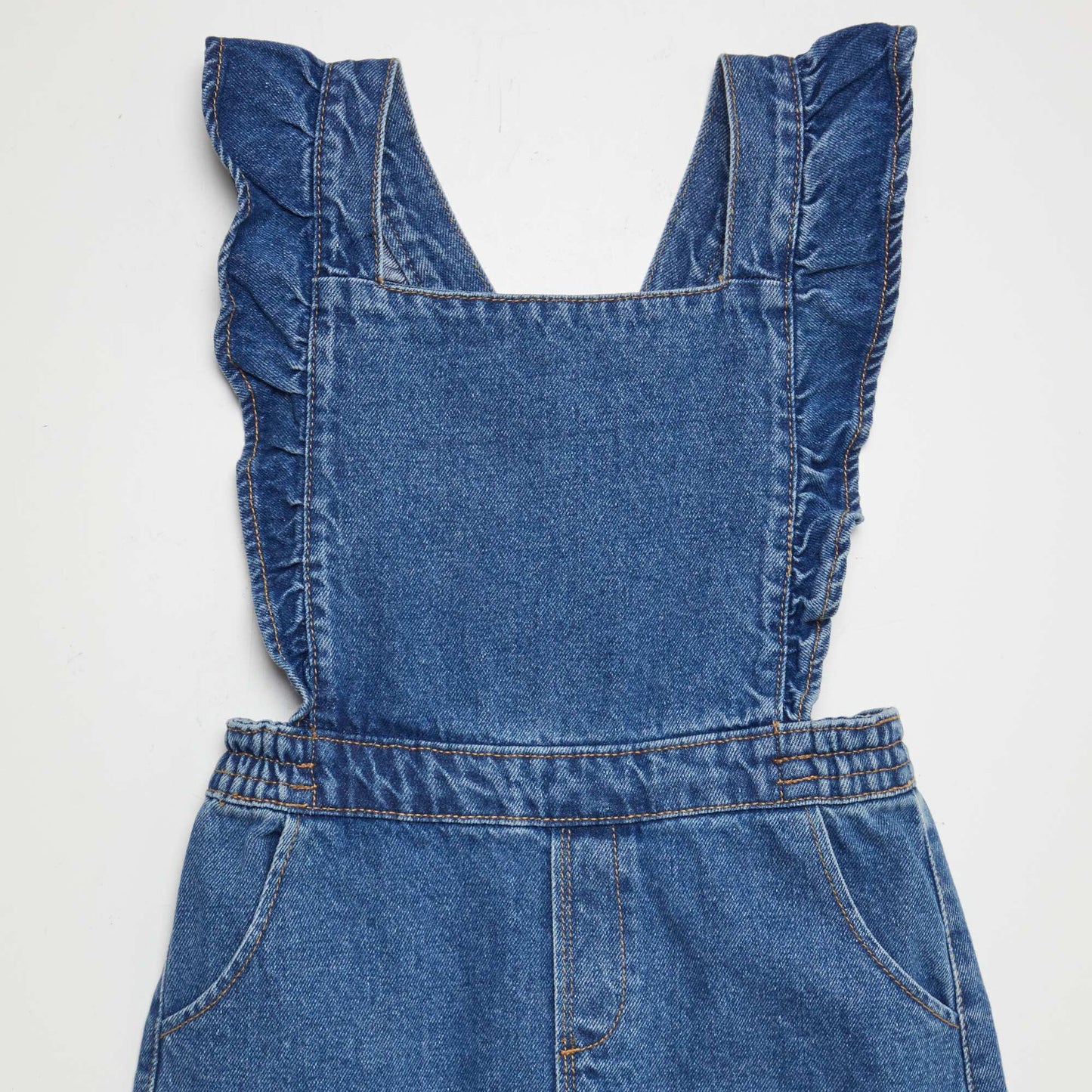 Denim dungaree dress with ruffles BLUE