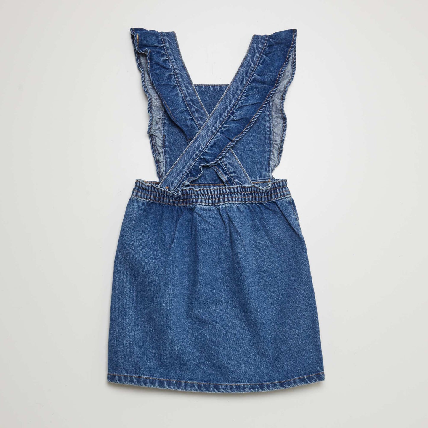 Denim dungaree dress with ruffles BLUE