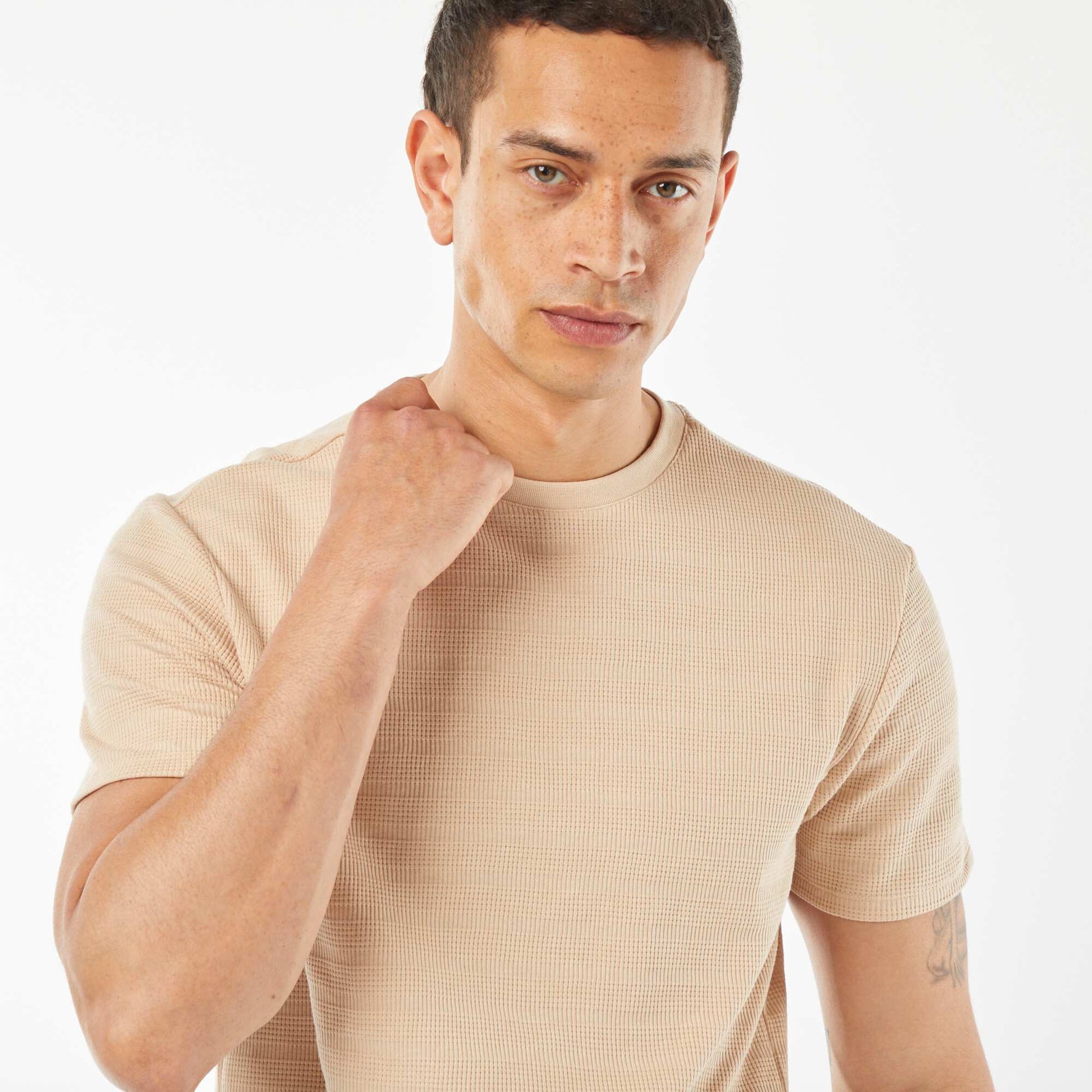 Graphic jacquard knit T-shirt BEIGE