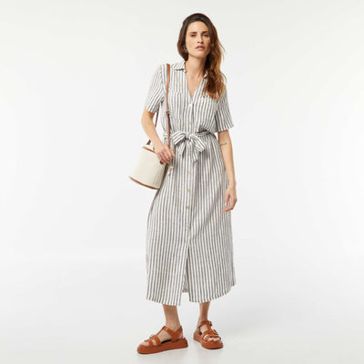 Short-sleeved linen blend long dress GREY