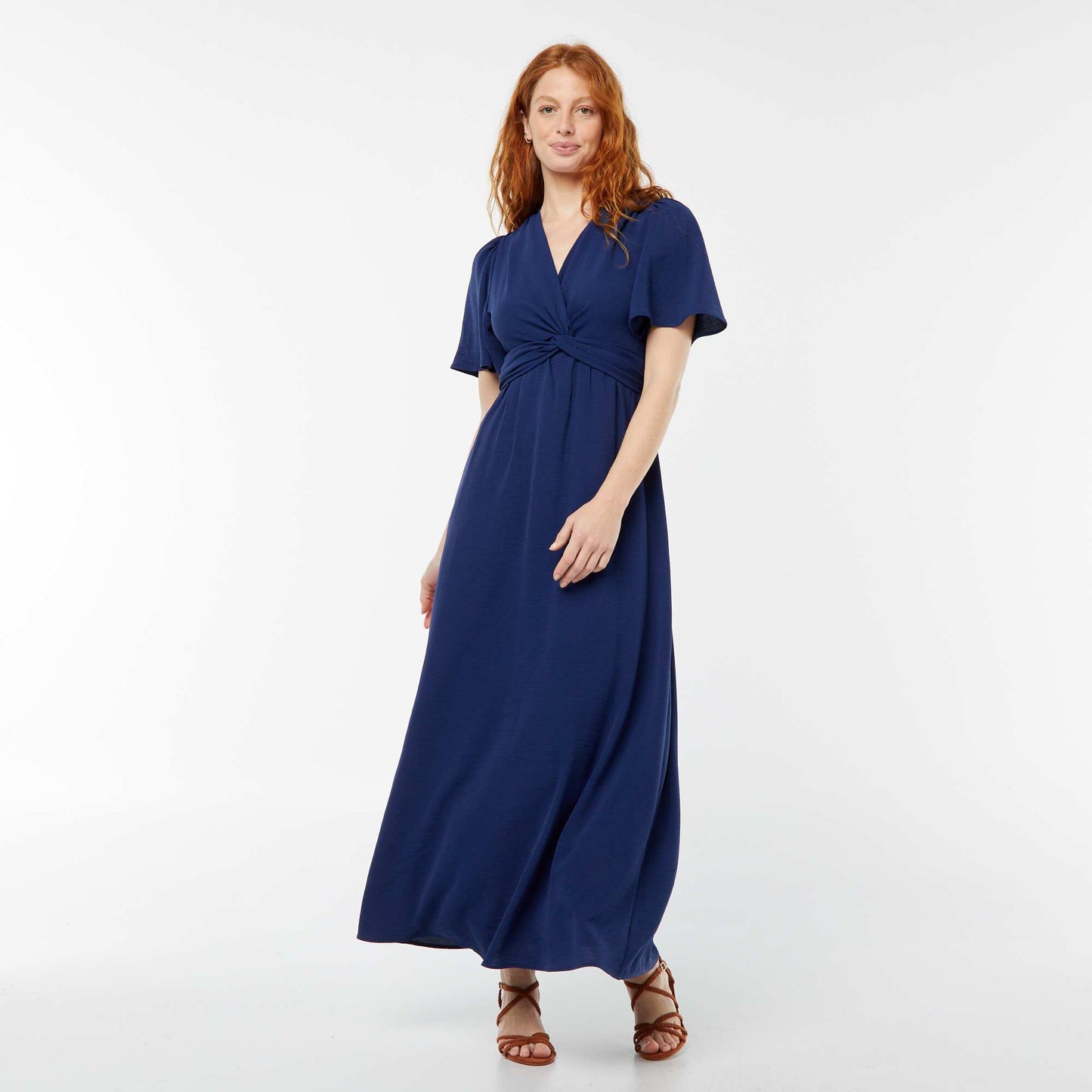 Long dress with crossover effect tie neckline BLUE