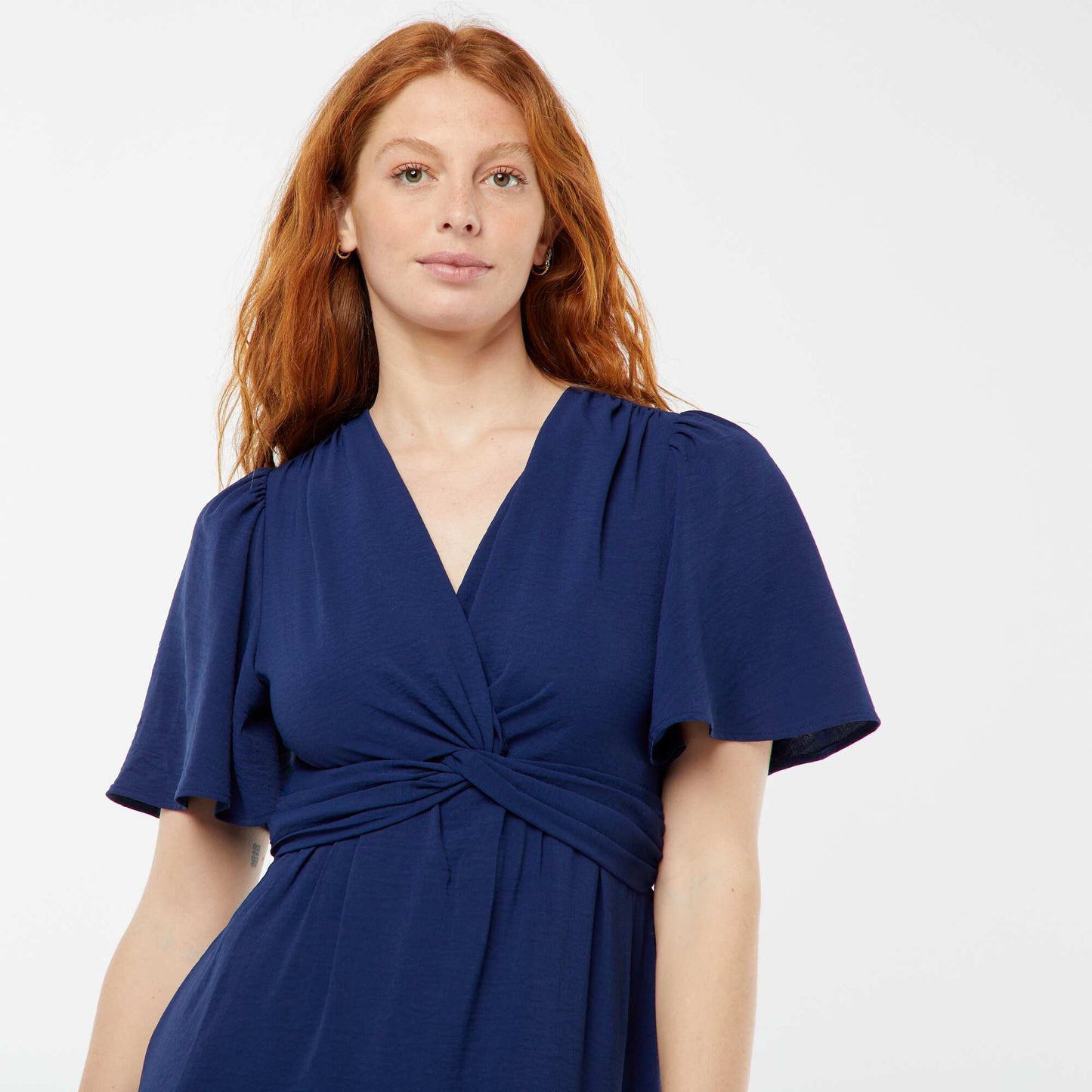 Long dress with crossover effect tie neckline BLUE