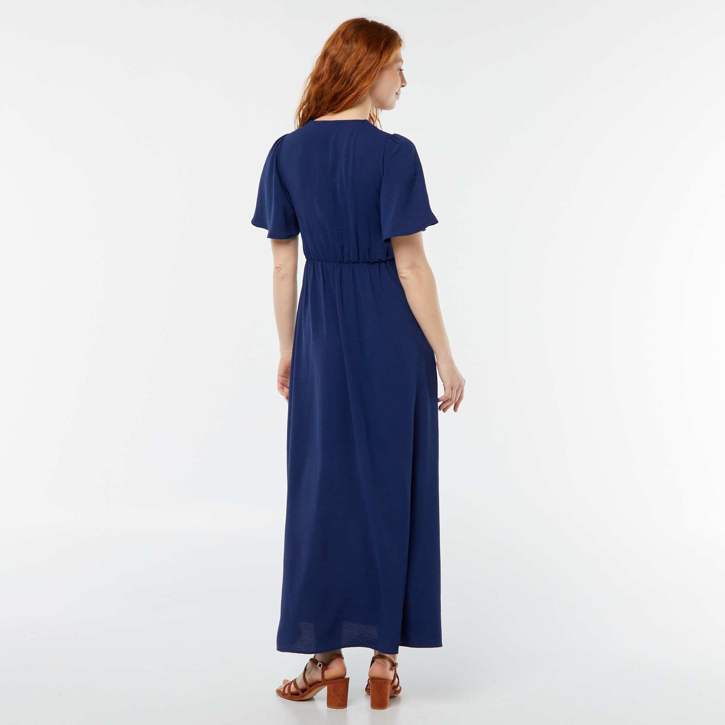 Long dress with crossover effect tie neckline BLUE
