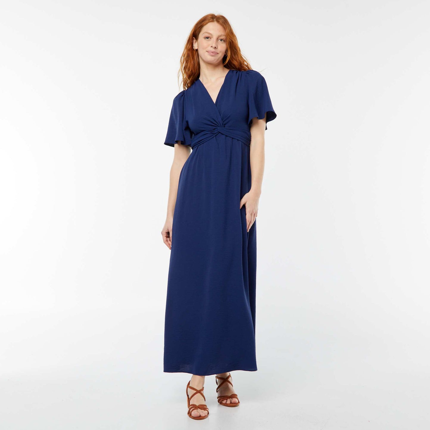 Long dress with crossover effect tie neckline BLUE