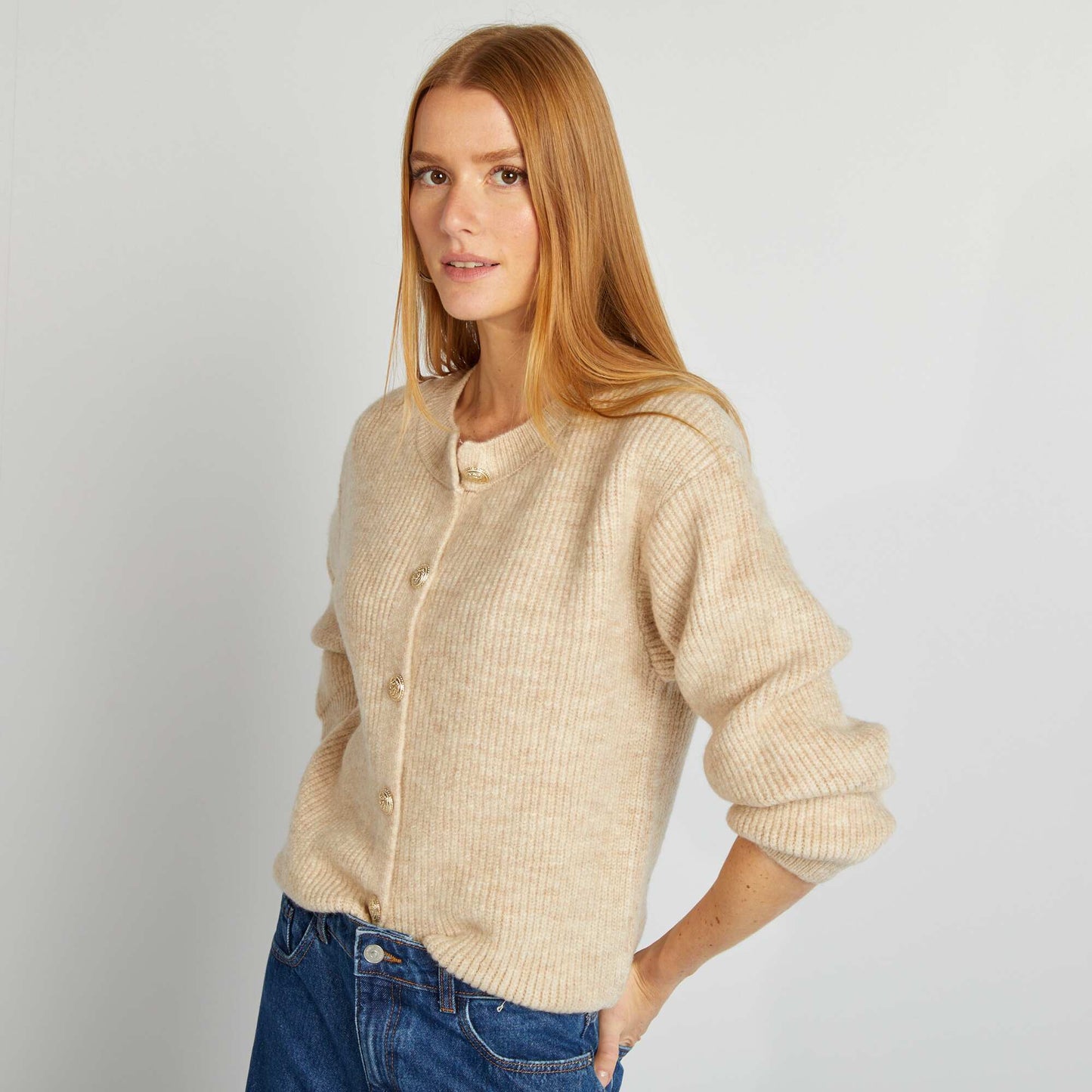 Chunky knit cardigan with gold buttons BEIGE