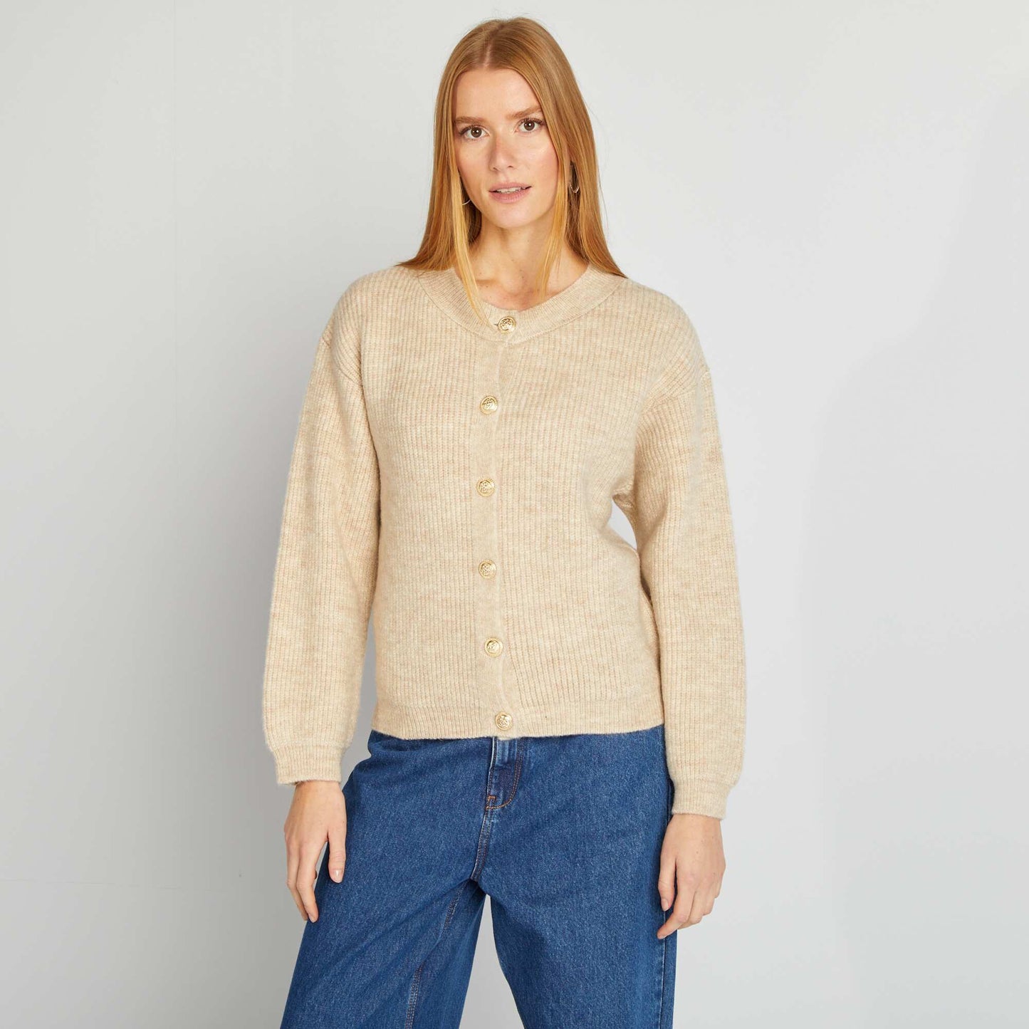 Chunky knit cardigan with gold buttons BEIGE