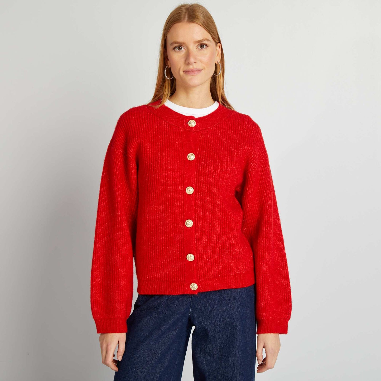 Chunky knit cardigan with gold buttons red