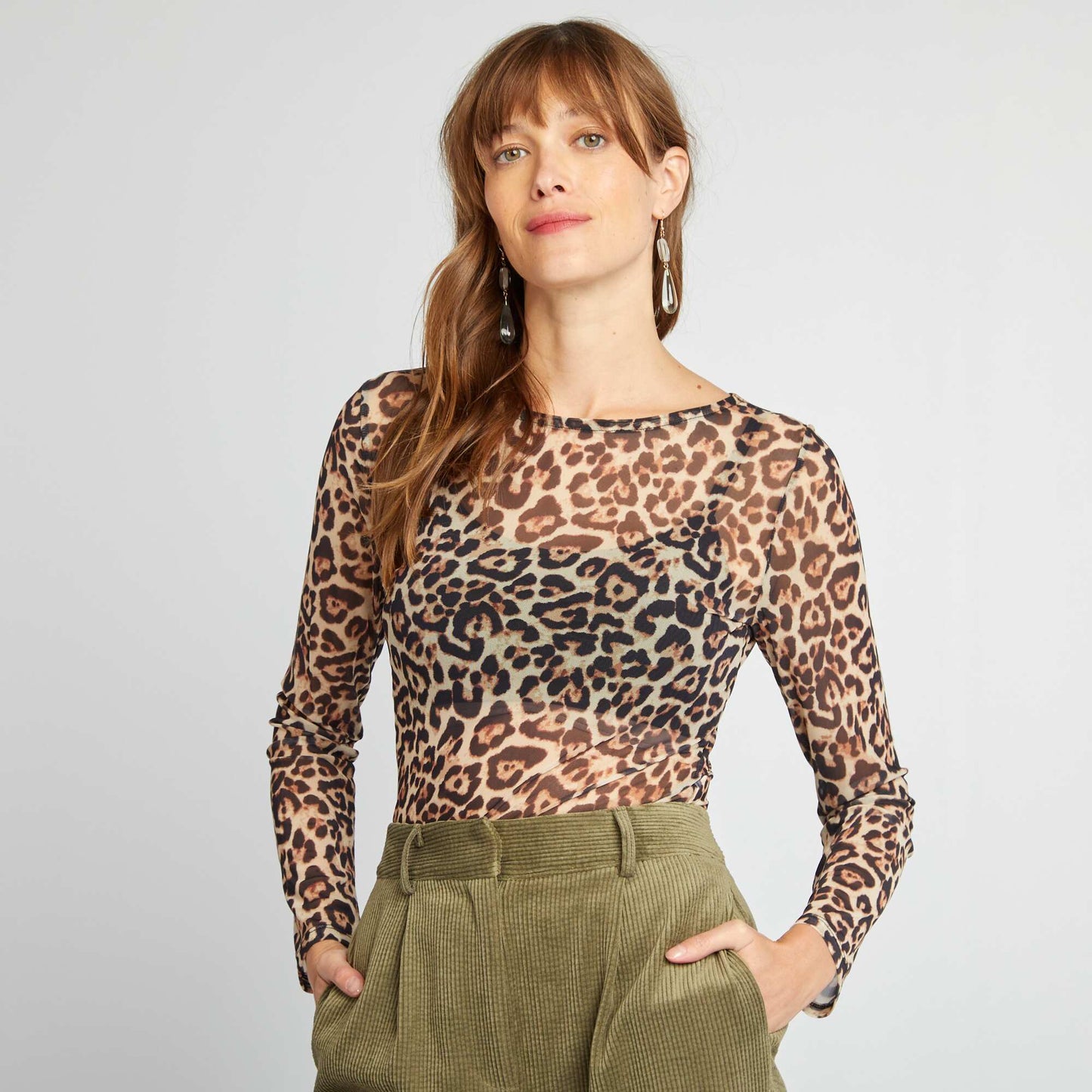 Long-sleeved leopard print T-shirt BROWN