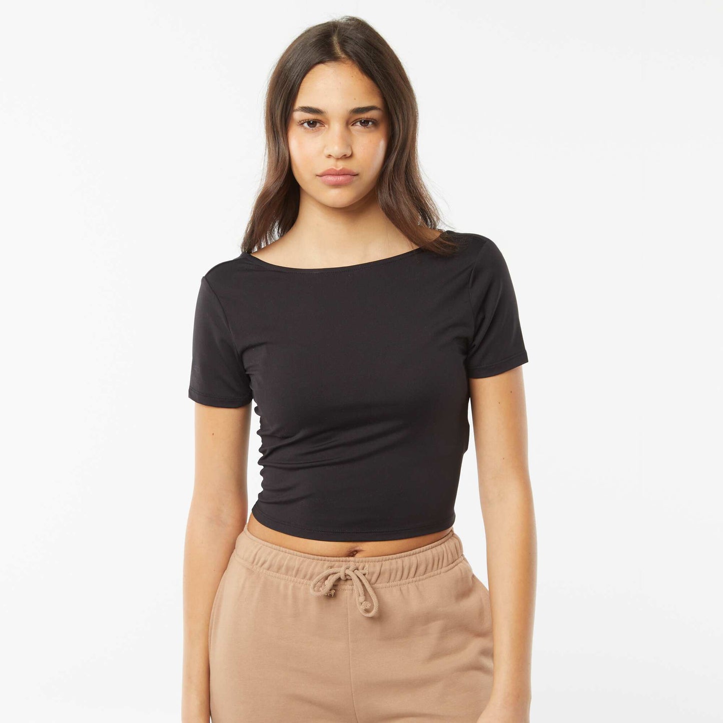 Backless cropped stretch knit T-shirt BLACK