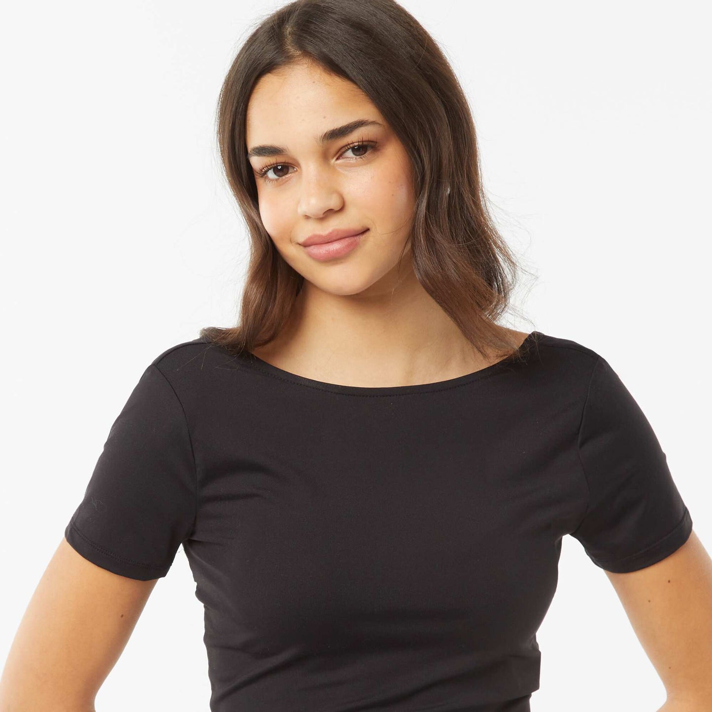 Backless cropped stretch knit T-shirt BLACK