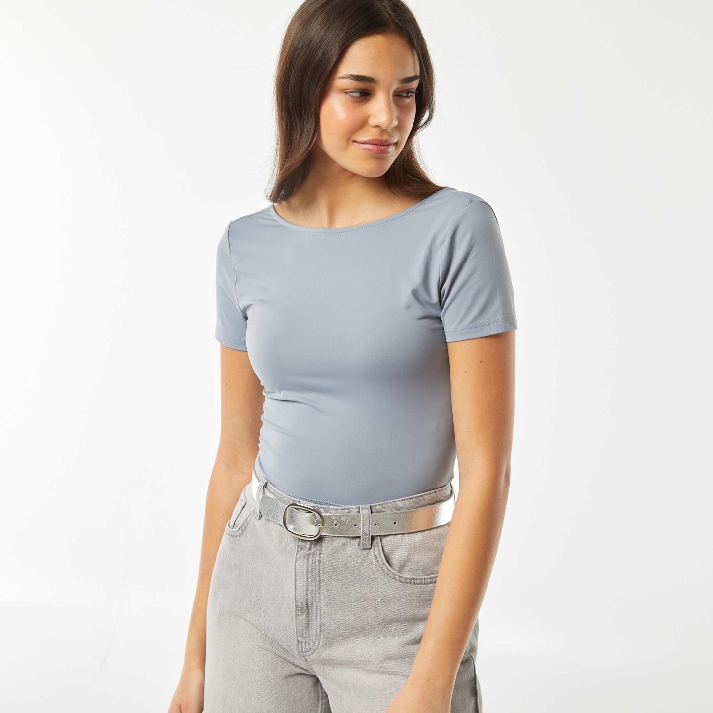 Backless cropped stretch knit T-shirt BLUE