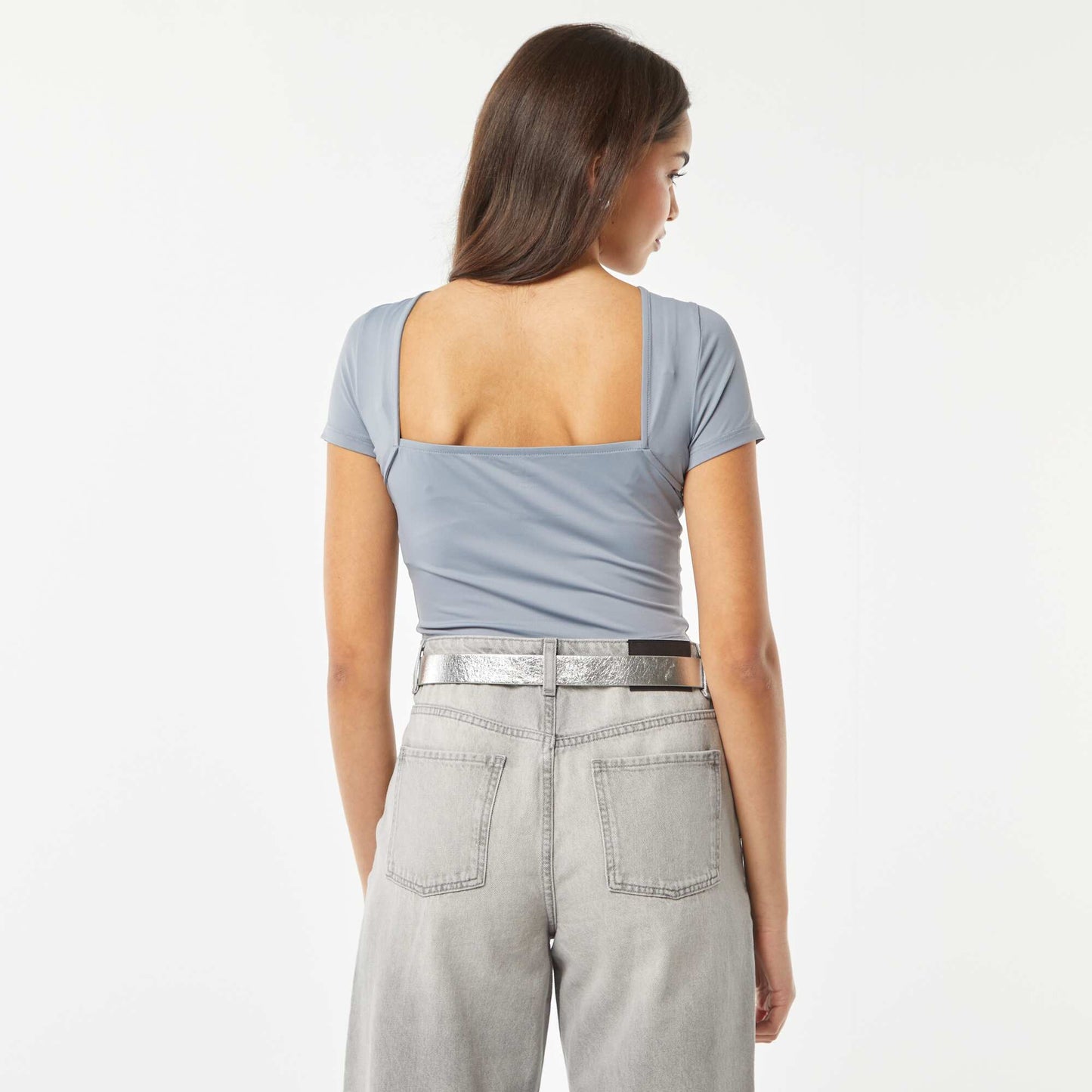 Backless cropped stretch knit T-shirt BLUE