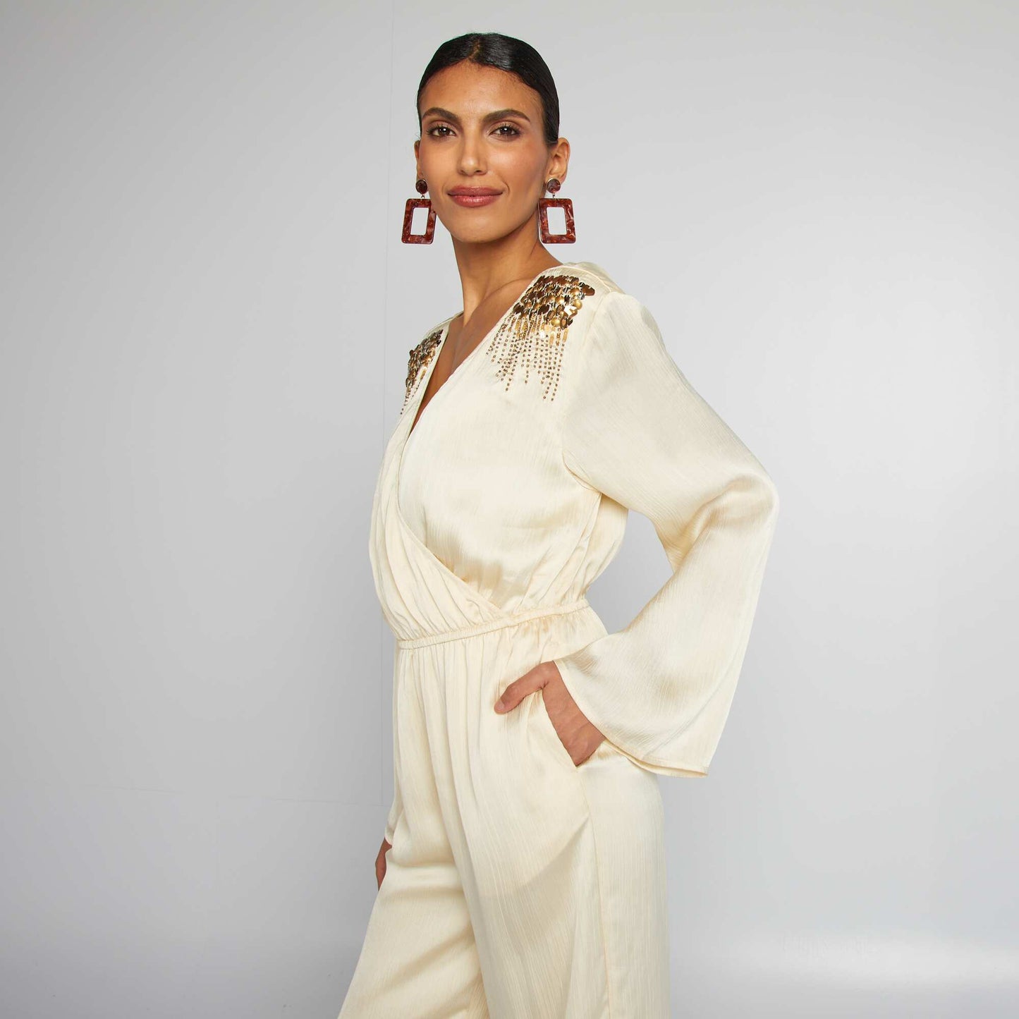 Flowing sequined jumpsuit BEIGE