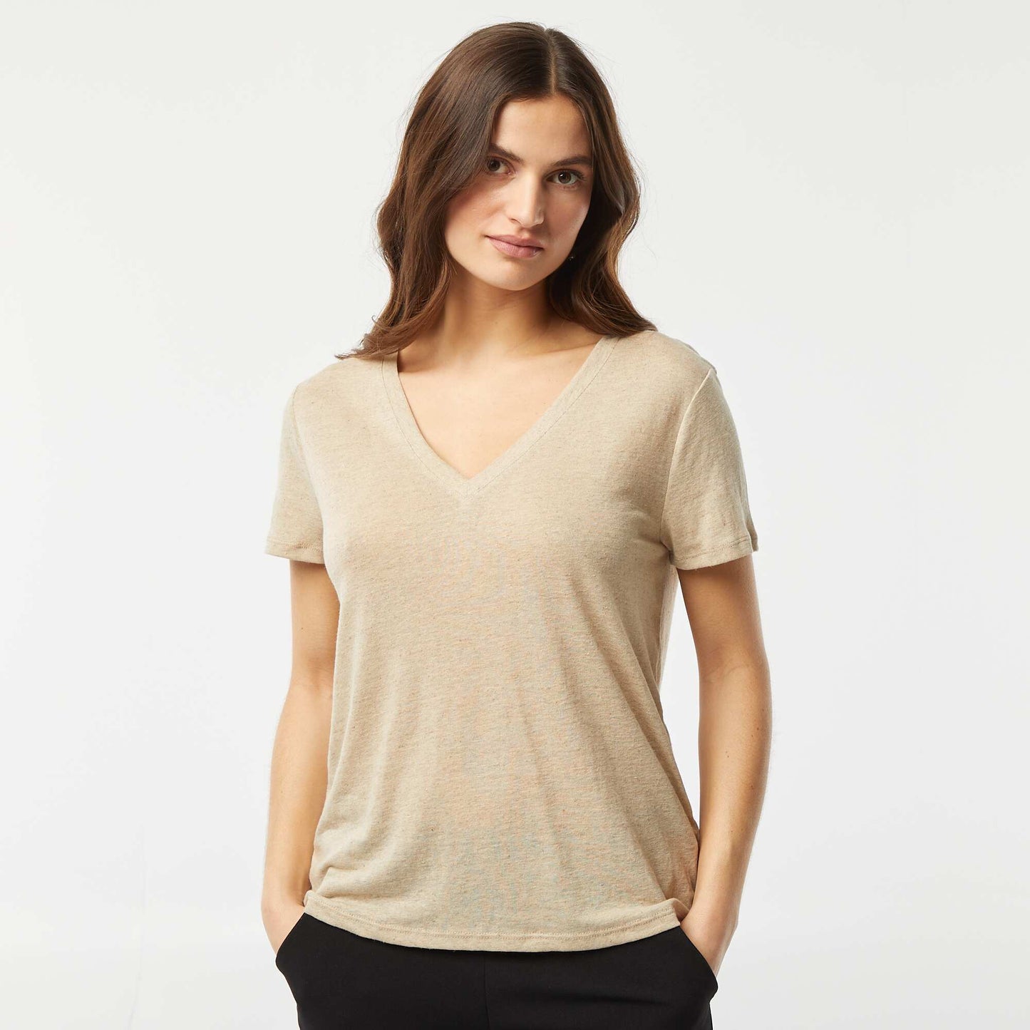 Basic linen-blend V-neck T-shirt WHITE