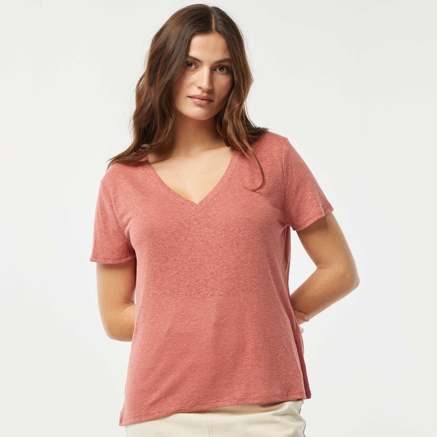 Basic linen-blend V-neck T-shirt PINK