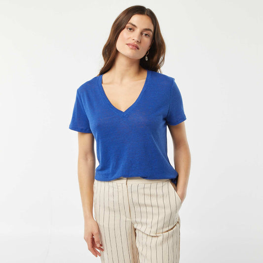 Basic linen-blend V-neck T-shirt BLUE