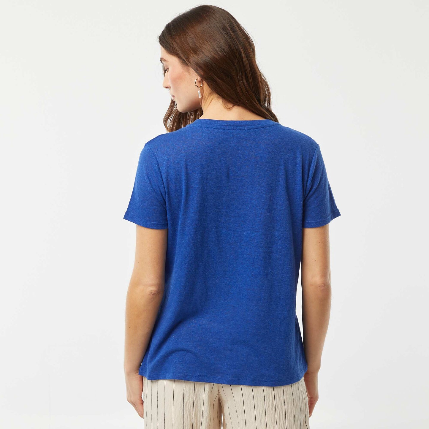 Basic linen-blend V-neck T-shirt BLUE