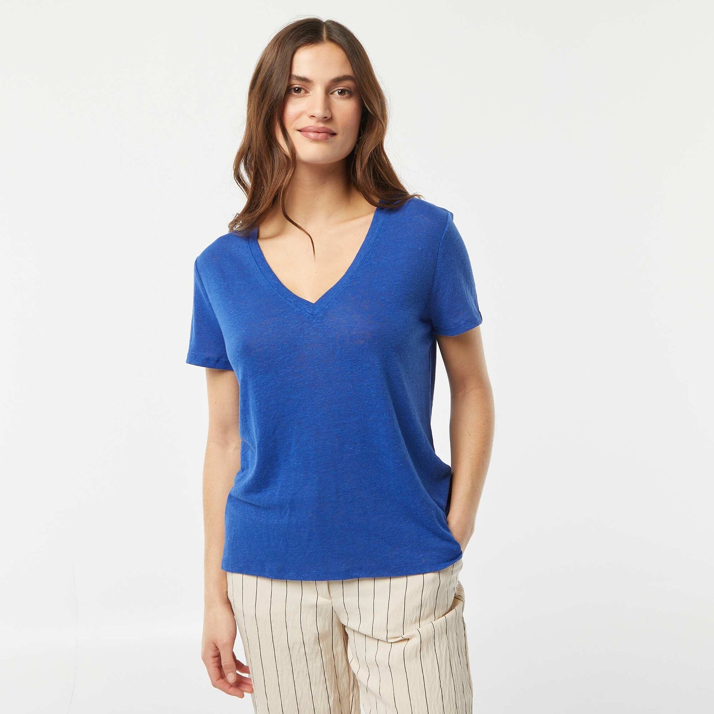 Basic linen-blend V-neck T-shirt BLUE