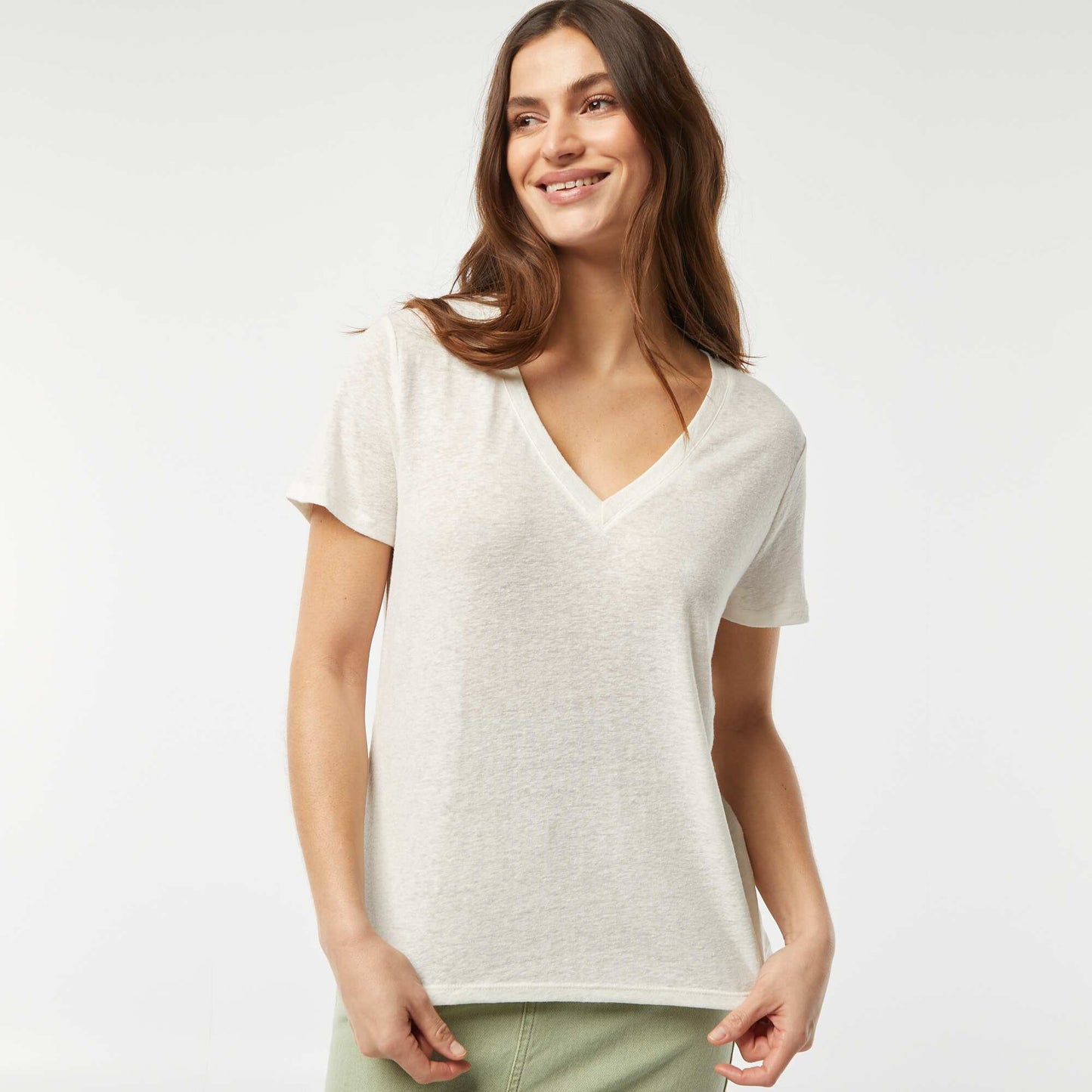 Basic linen-blend V-neck T-shirt WHITE