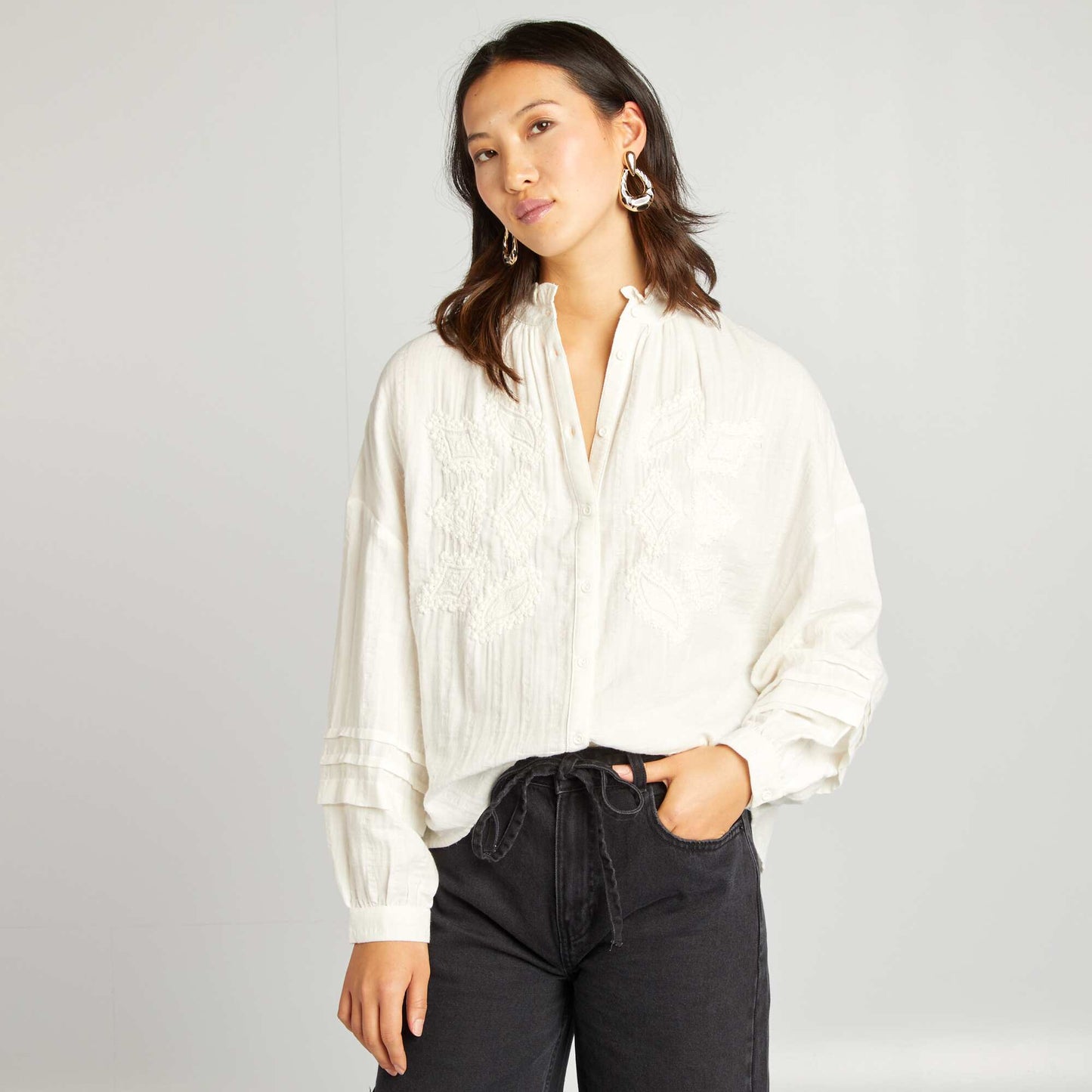 Embroidered cotton gauze shirt BEIGE