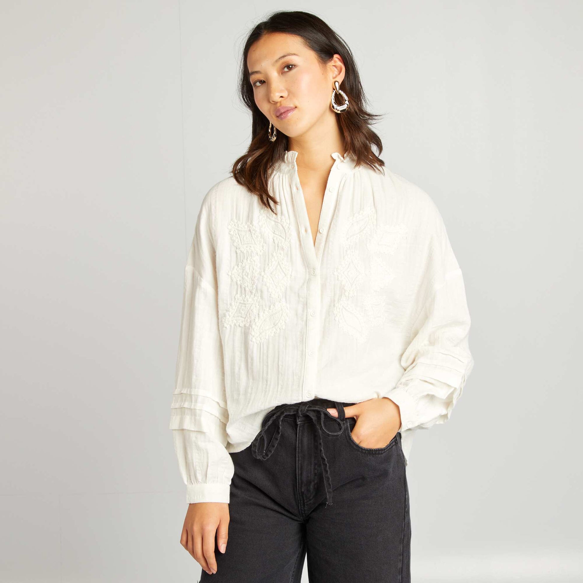 Embroidered cotton gauze shirt BEIGE