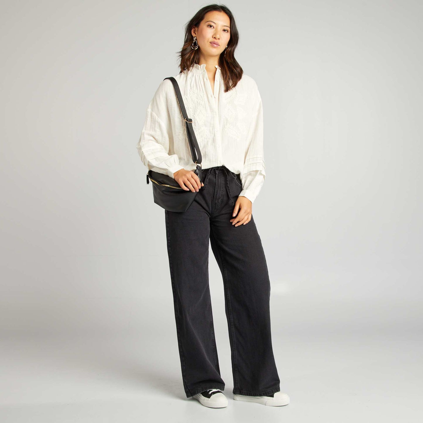 Embroidered cotton gauze shirt BEIGE