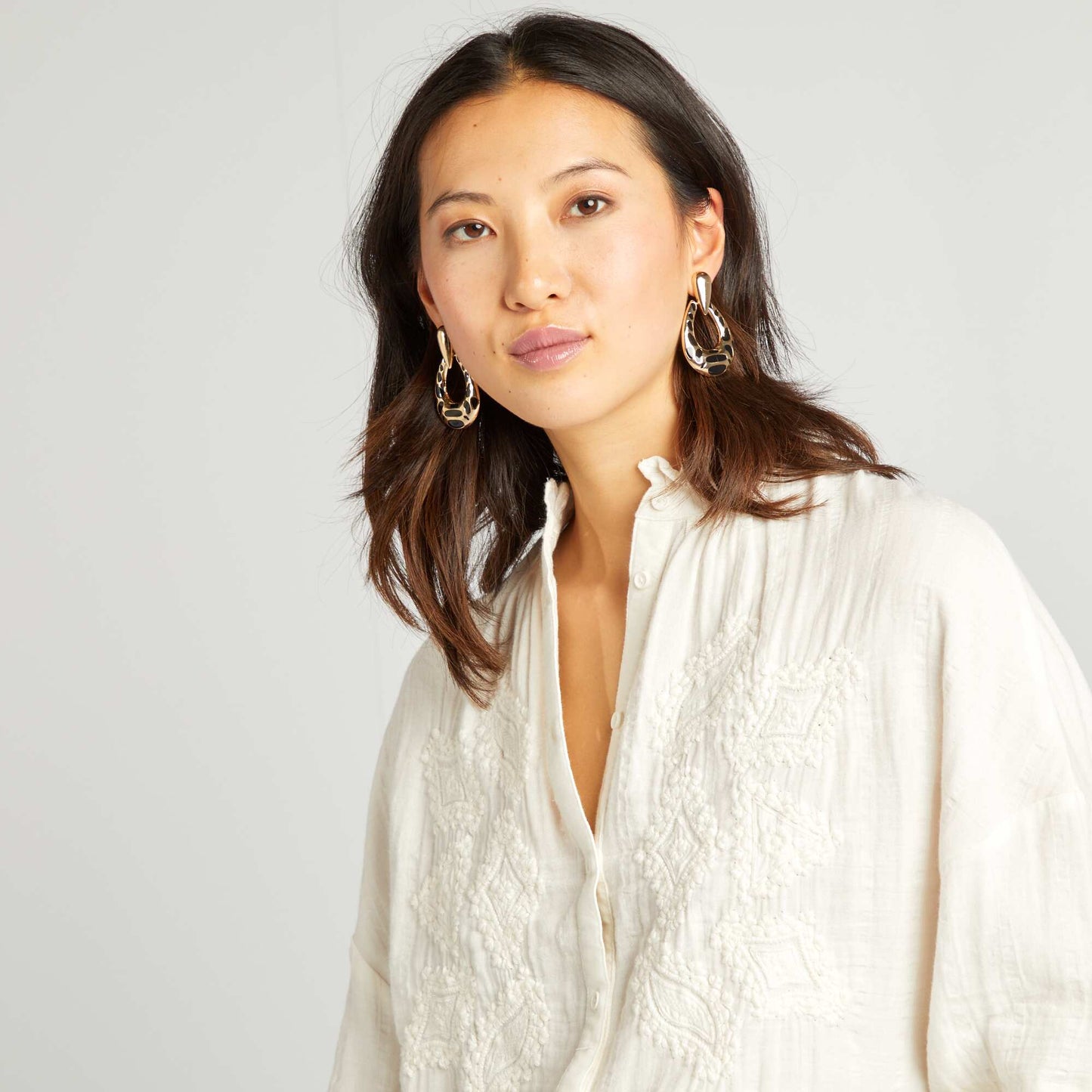Embroidered cotton gauze shirt BEIGE