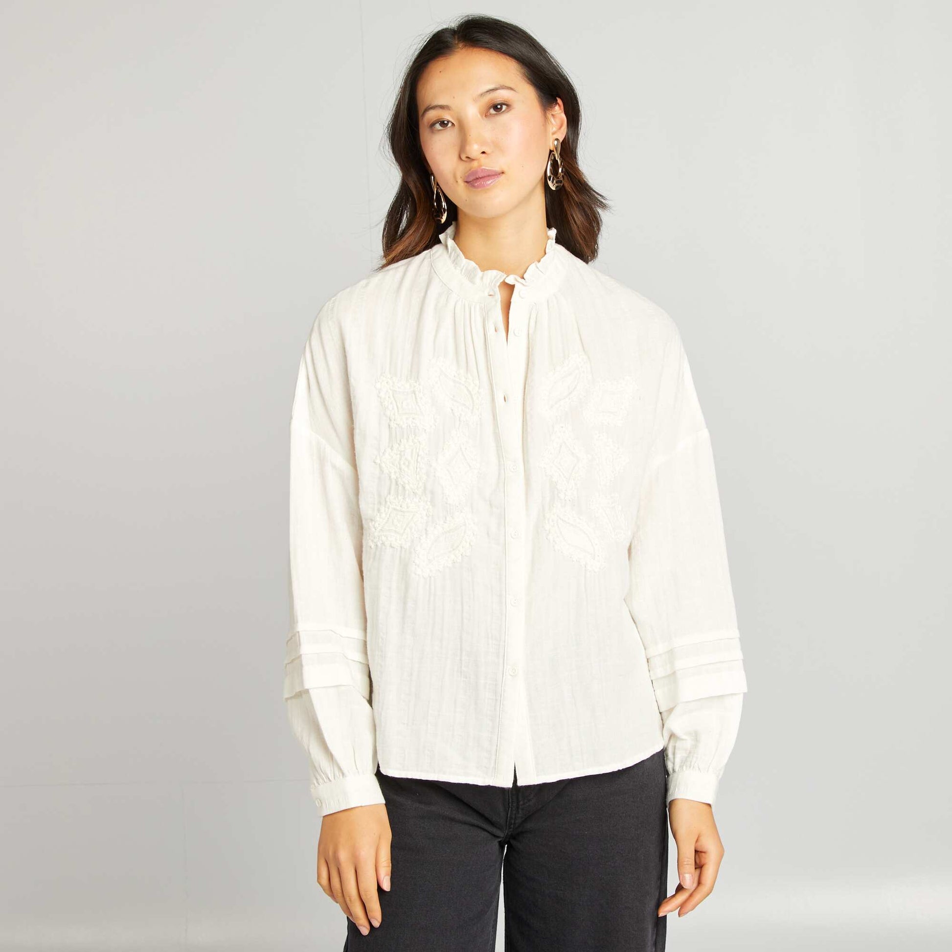 Embroidered cotton gauze shirt BEIGE