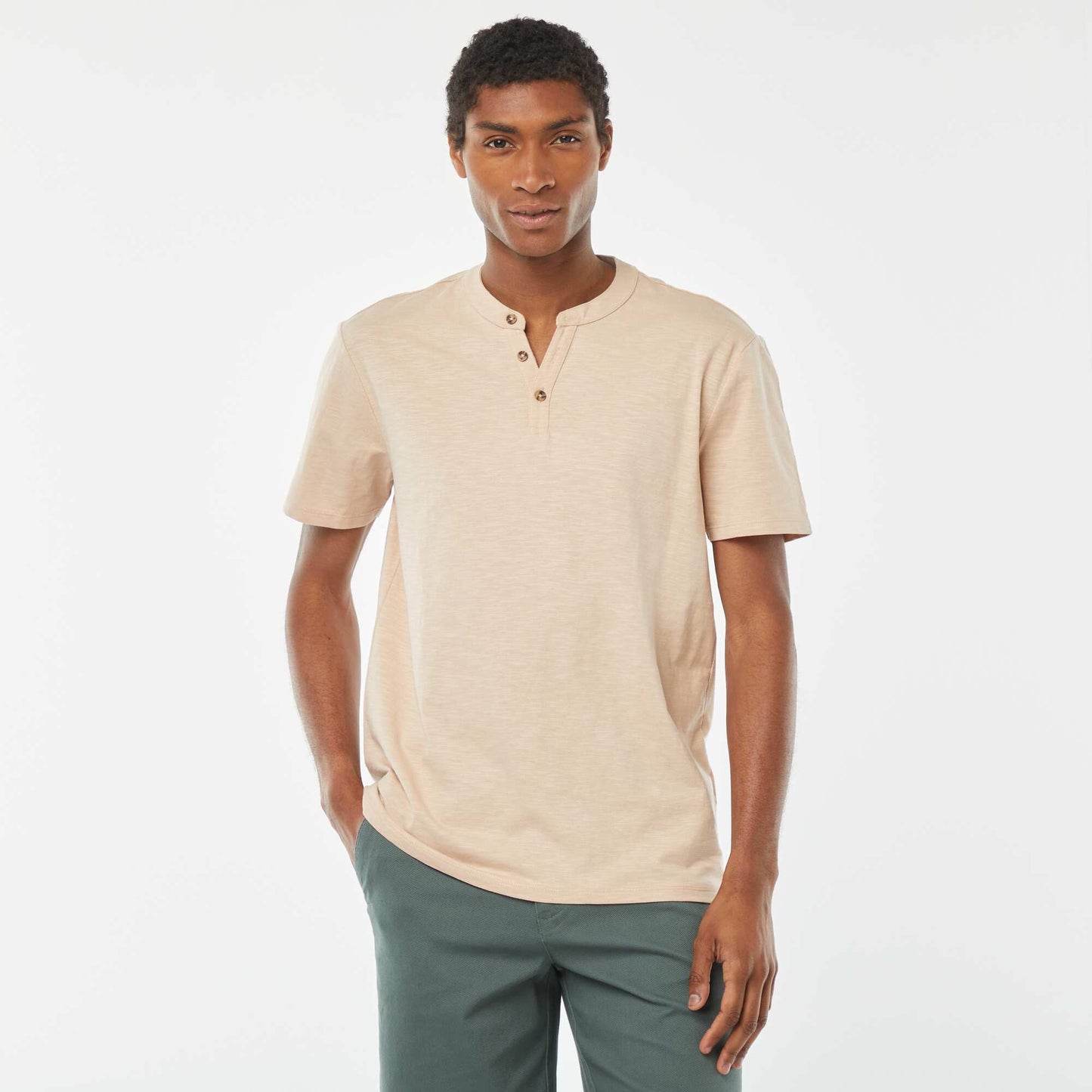 Short-sleeved T-shirt with Henley collar BEIGE