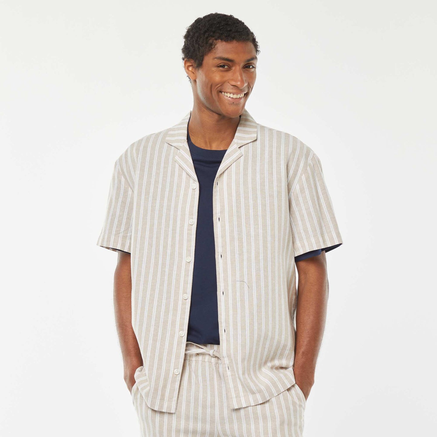 Short-sleeved striped linen-blend shirt BEIGE