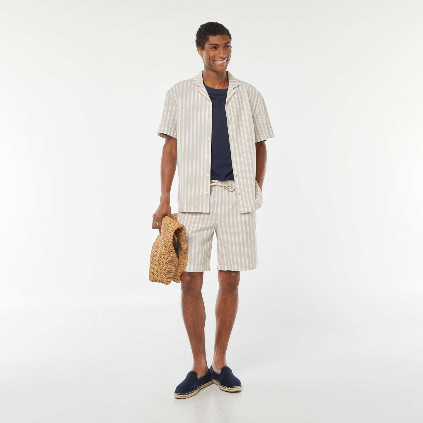 Short-sleeved striped linen-blend shirt BEIGE
