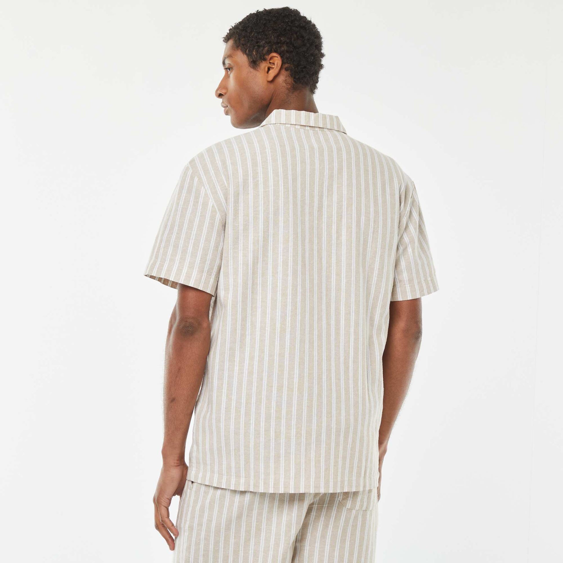 Short-sleeved striped linen-blend shirt BEIGE