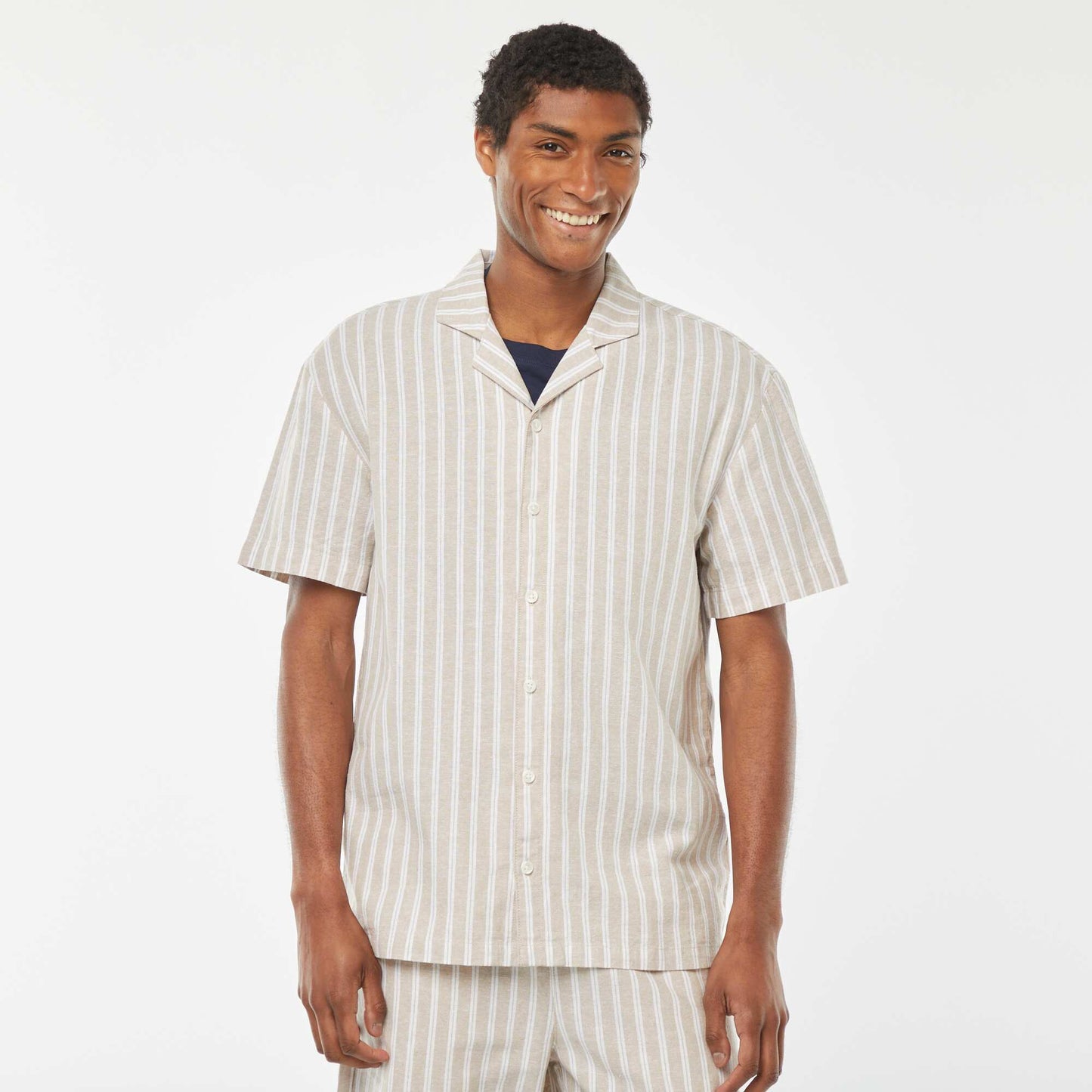 Short-sleeved striped linen-blend shirt BEIGE