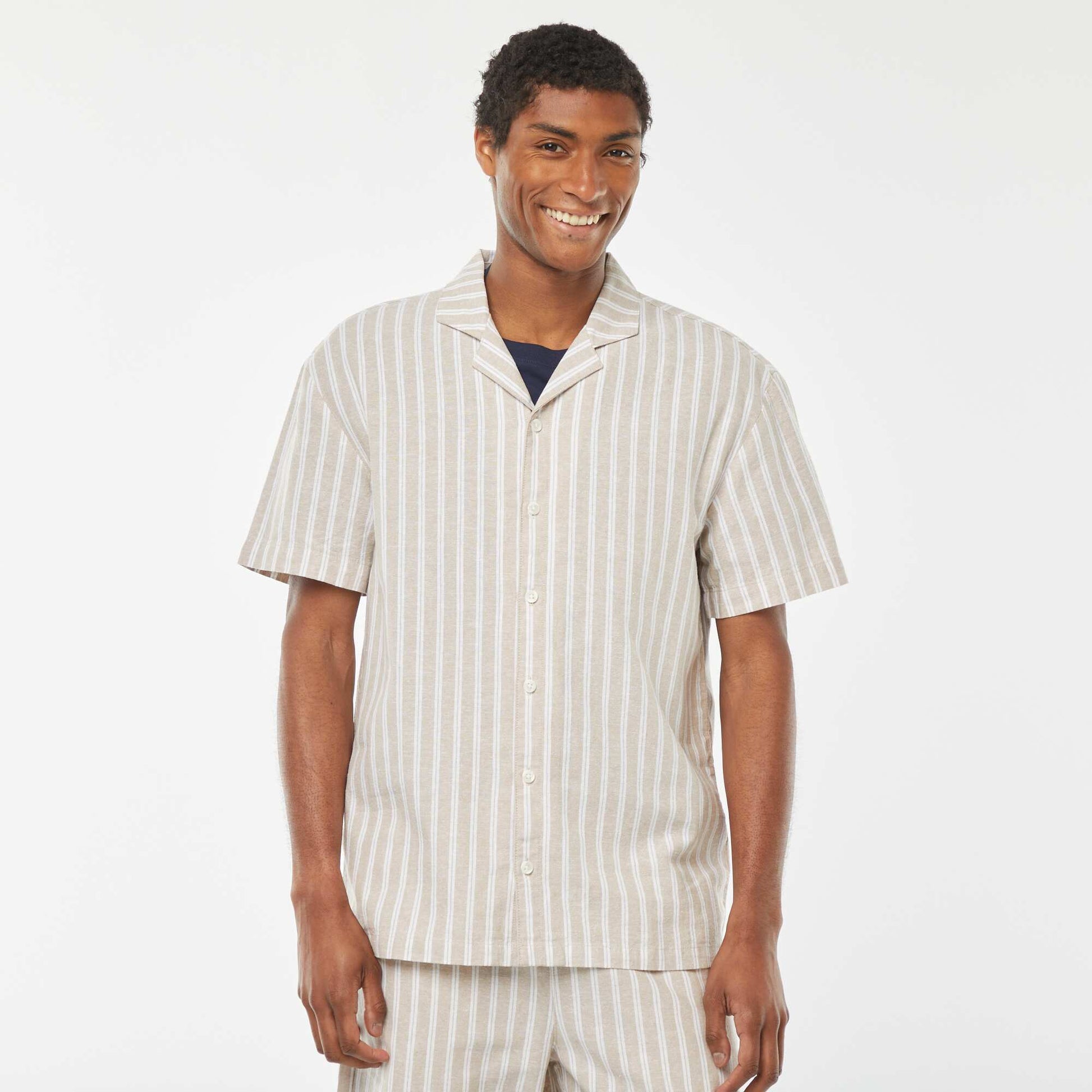 Short-sleeved striped linen-blend shirt BEIGE