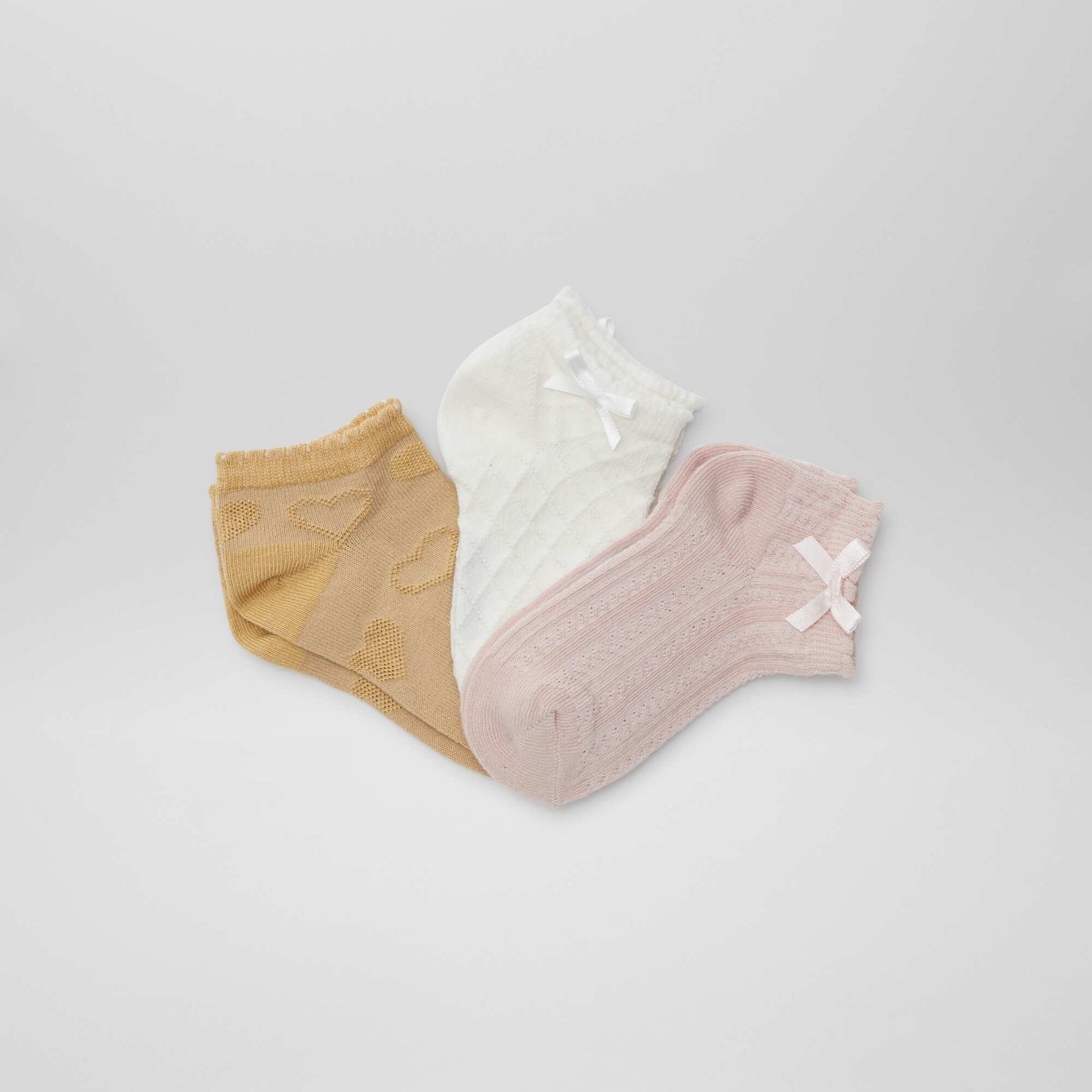 Pack of 3 pairs of textured knit ankle socks BEIGE