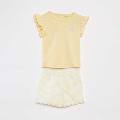 طقم بيجامة قميص + شورت مكشكش - طقم من قطعتين أصفر