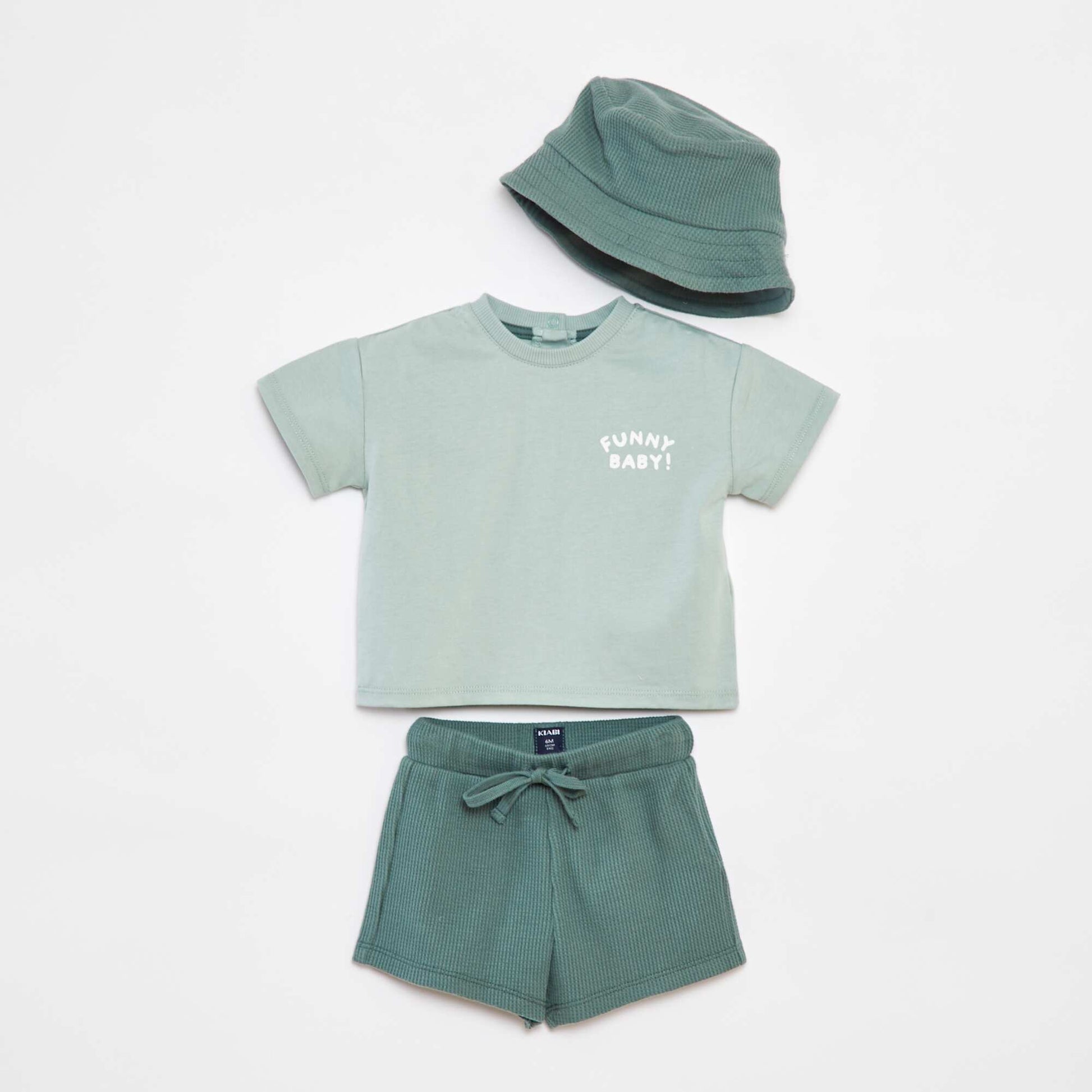 Cropped T-shirt + shorts + bucket hat set - 3-piece set GREEN
