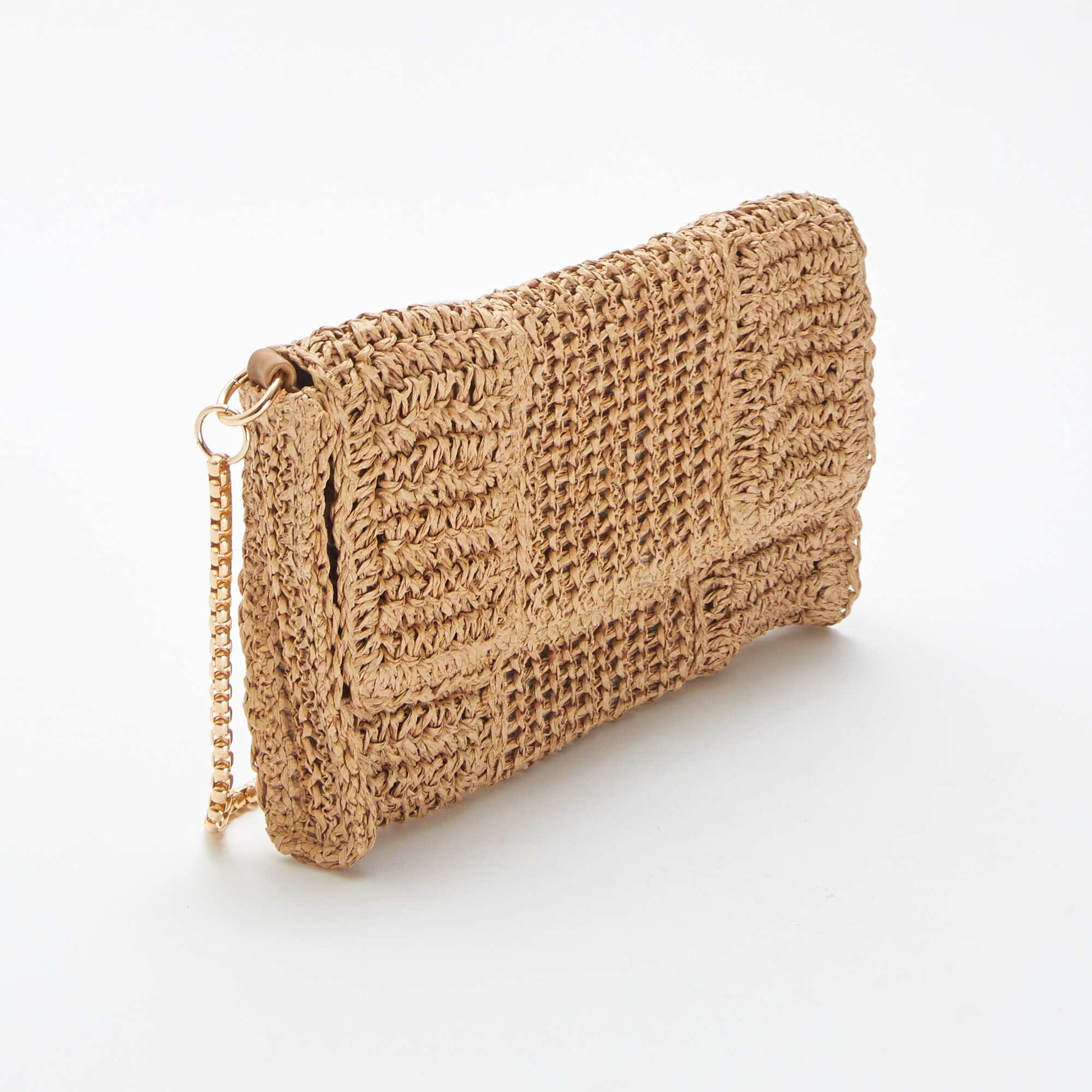 Raffia clutch with shoulder strap BROWN