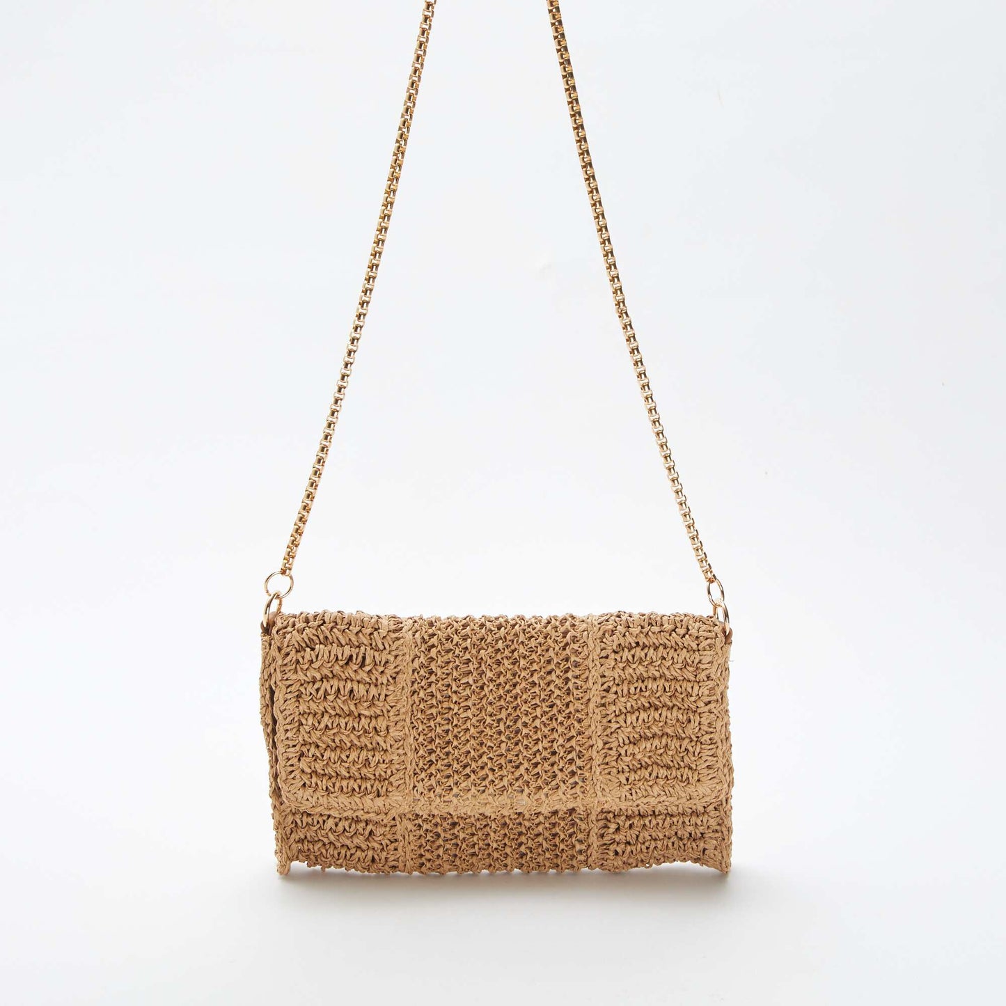 Raffia clutch with shoulder strap BROWN