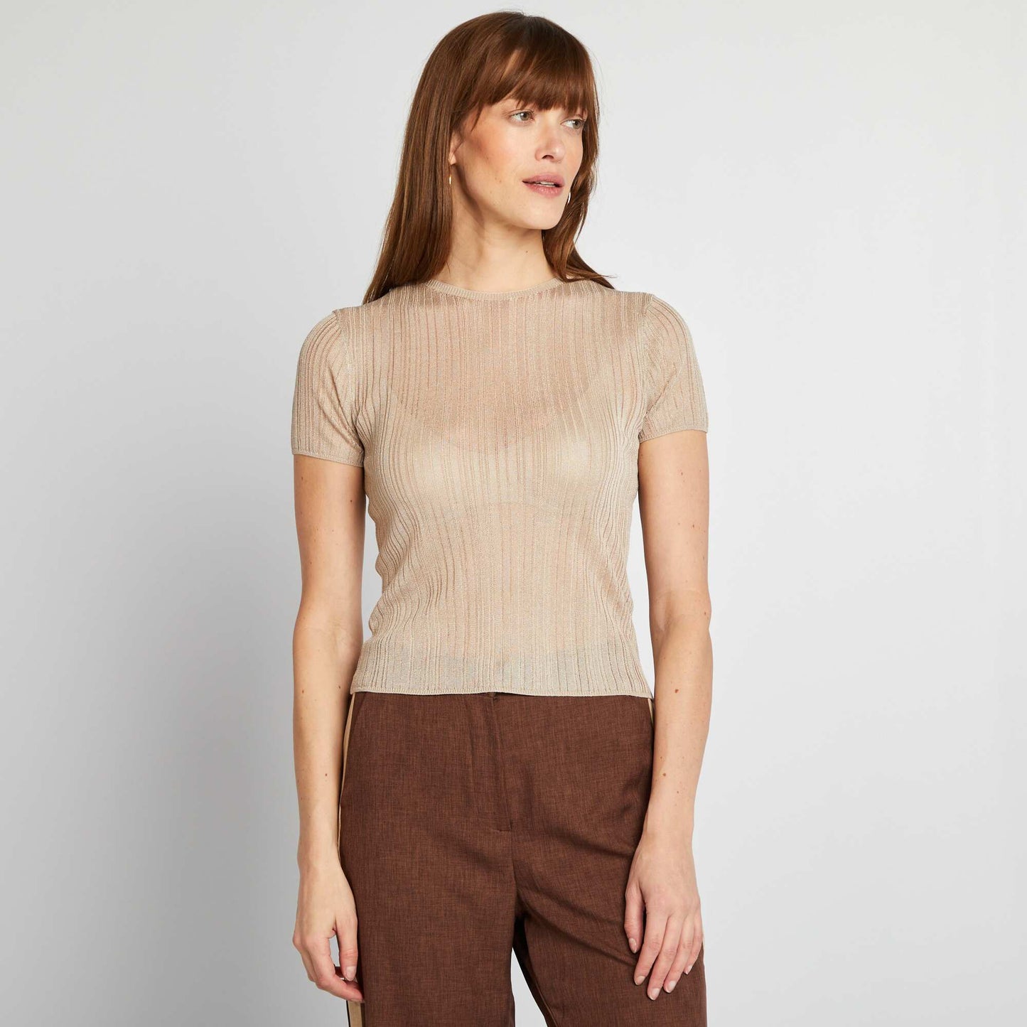 Openwork ribbed T-shirt BEIGE