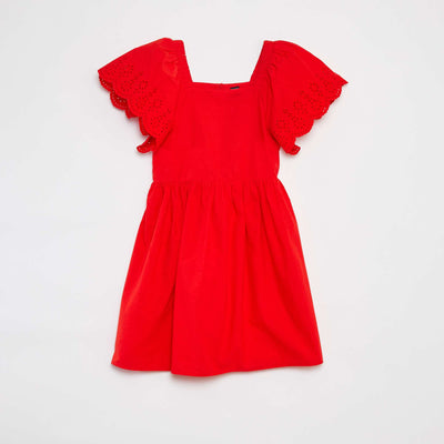 Short-sleeved dress with broderie anglaise RED