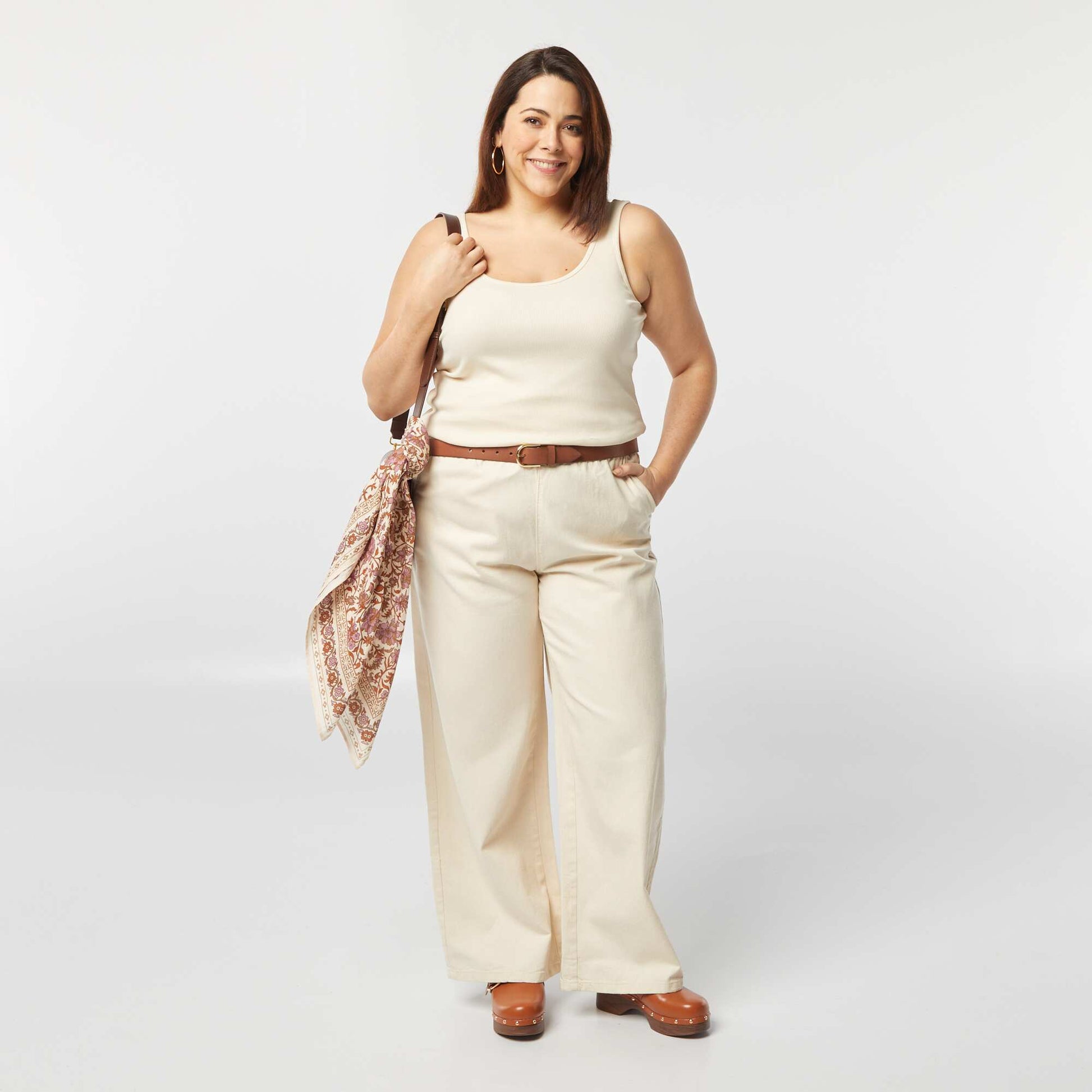 Wide-leg denim trousers with smocked waist WHITE