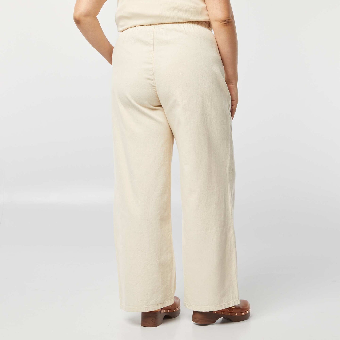 Wide-leg denim trousers with smocked waist WHITE