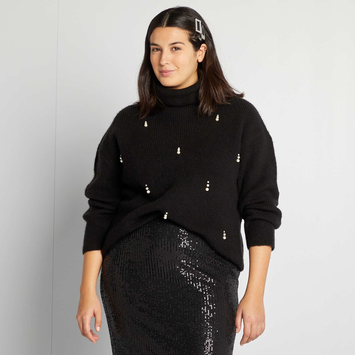 Knitted roll neck jumper with pretty beading black