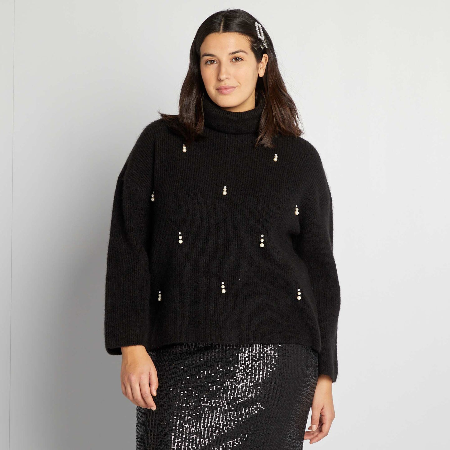 Knitted roll neck jumper with pretty beading black