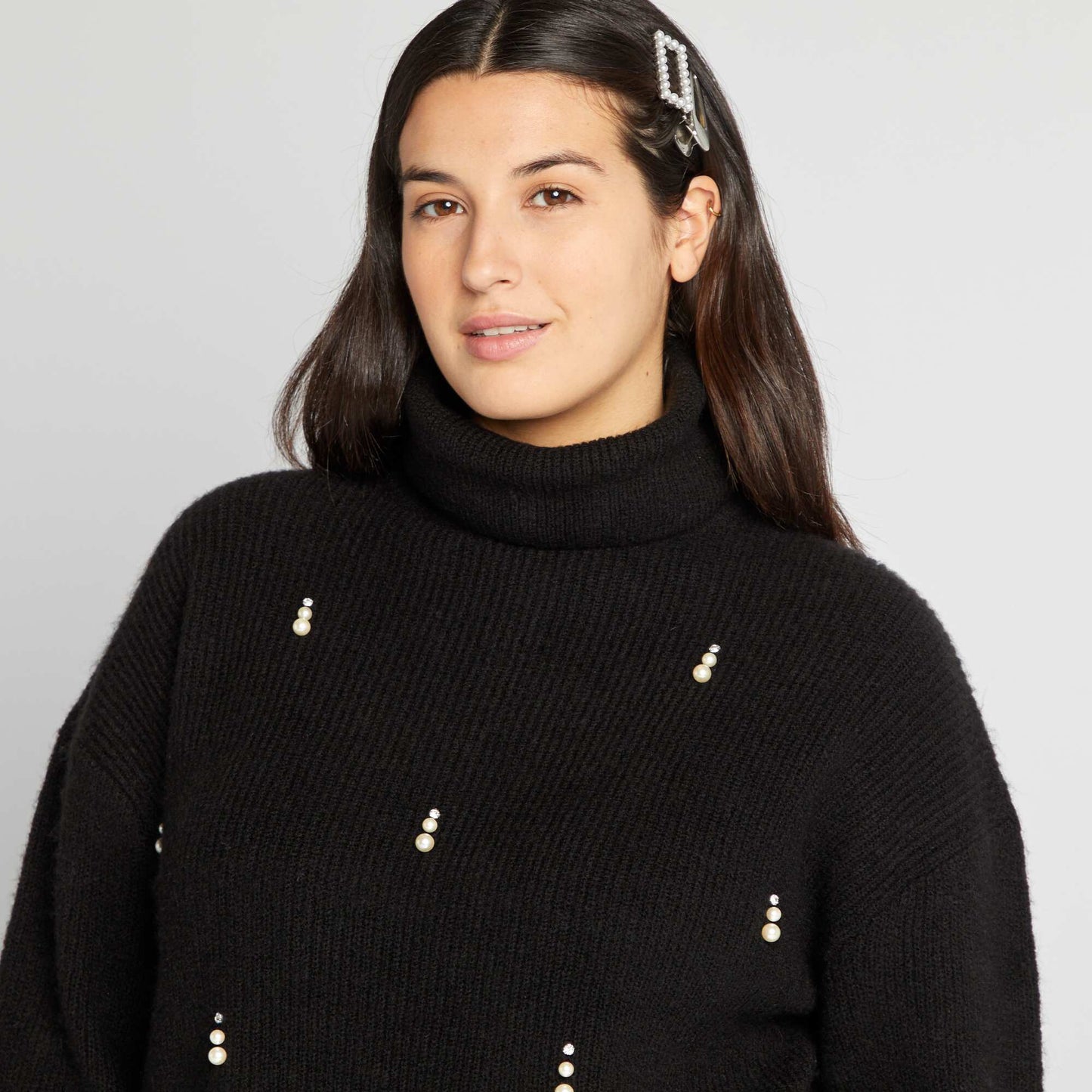 Knitted roll neck jumper with pretty beading black