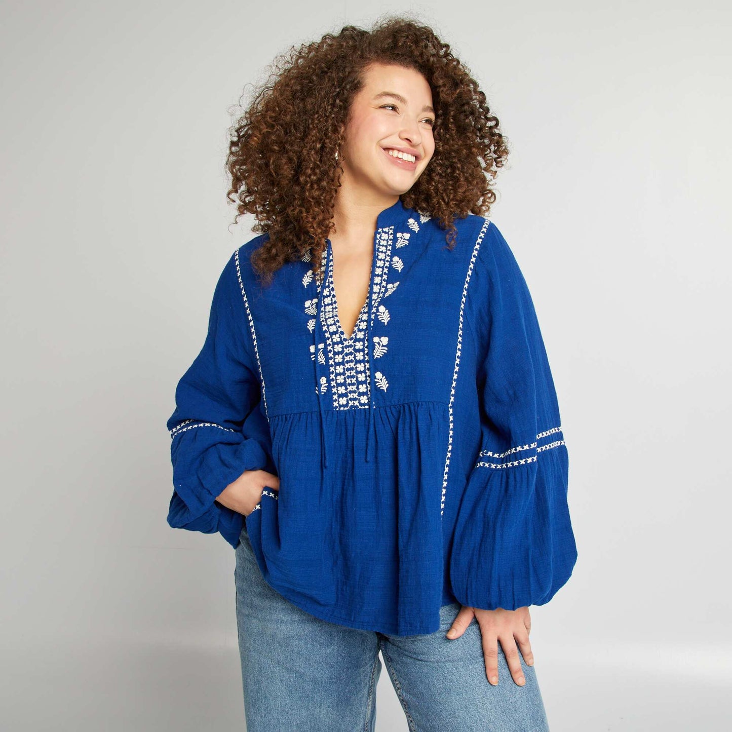 Embroidered cotton gauze blouse BLUE