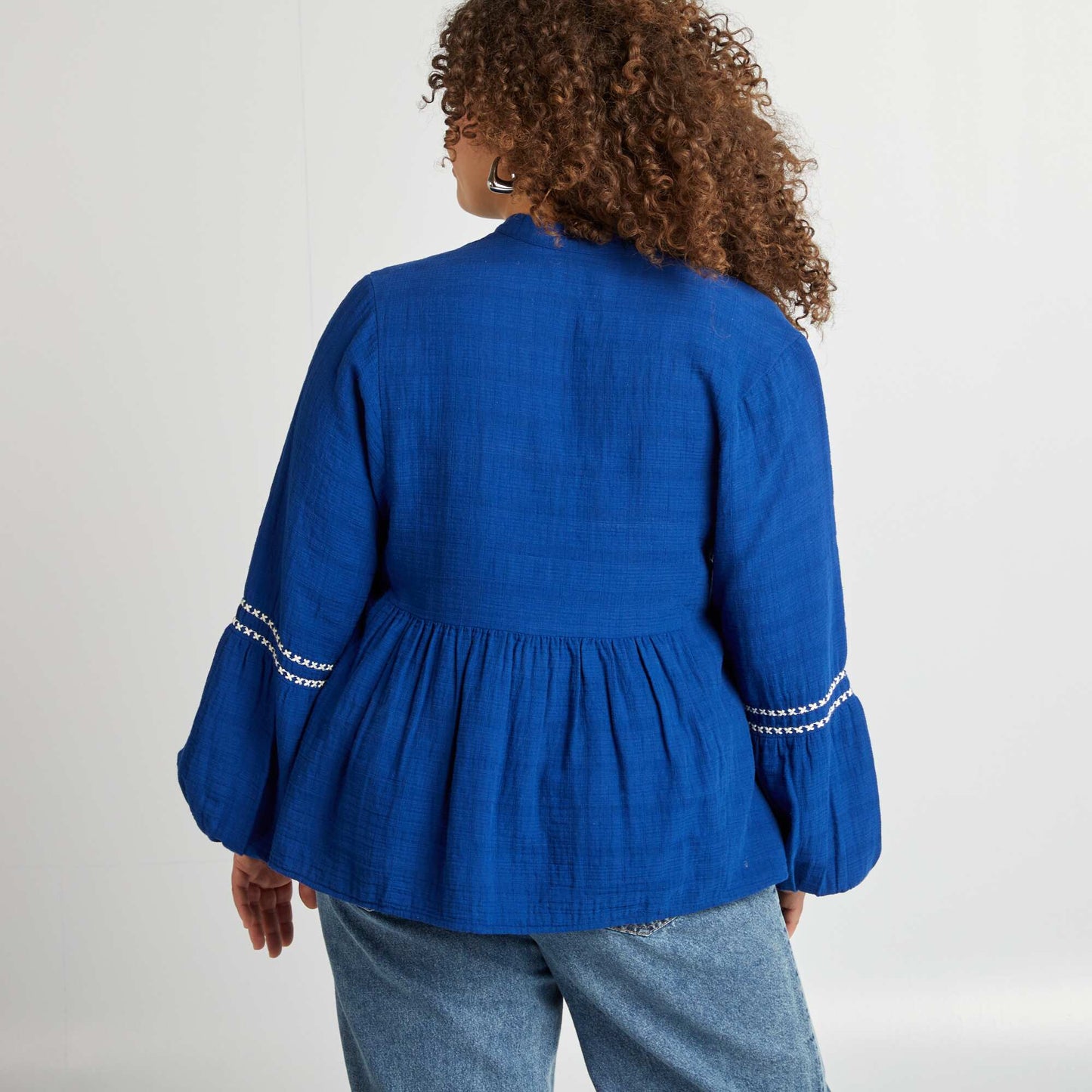 Embroidered cotton gauze blouse BLUE